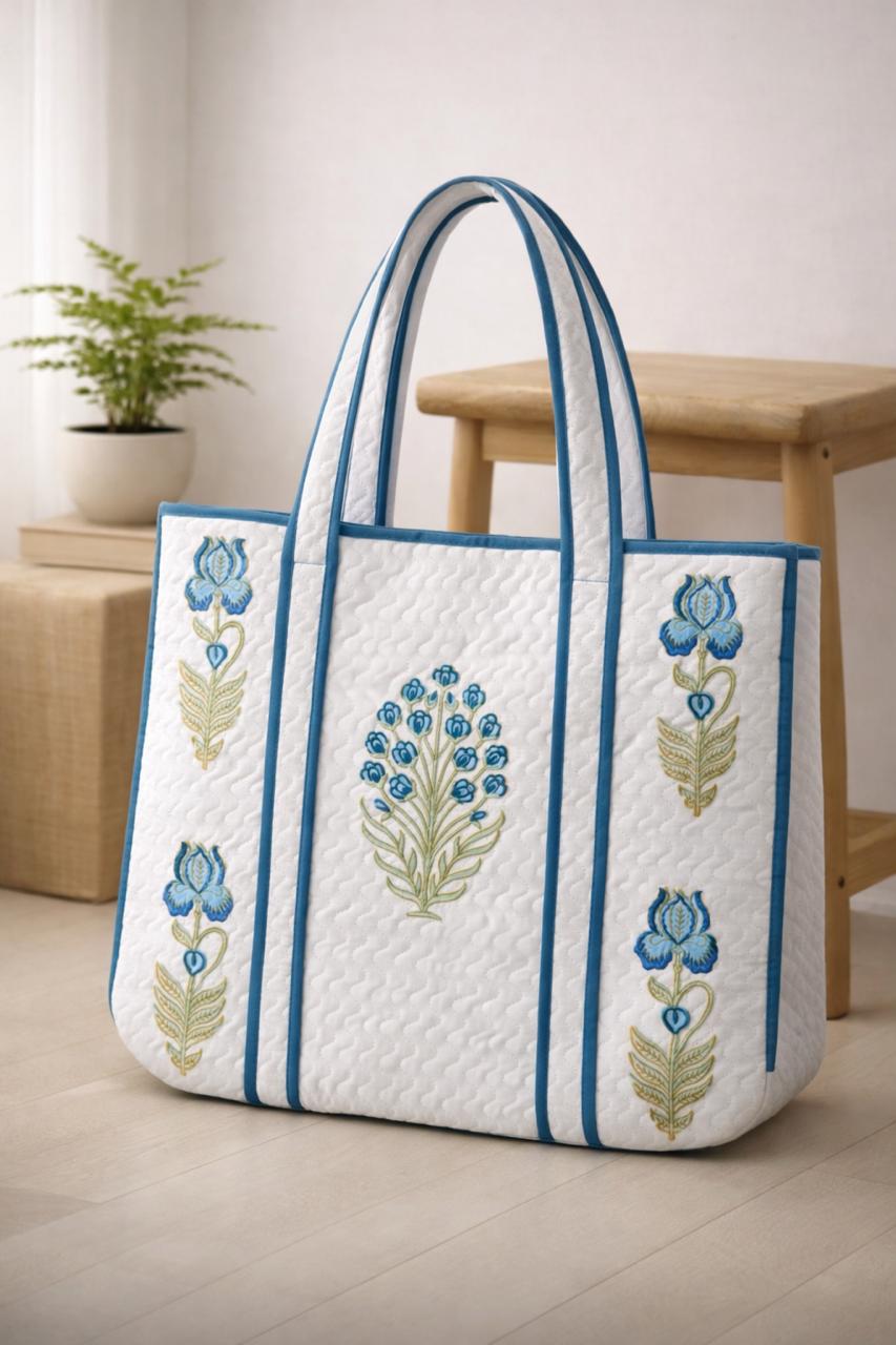Pure cotton hand-block printed quilted tote bag (18x18 inches)