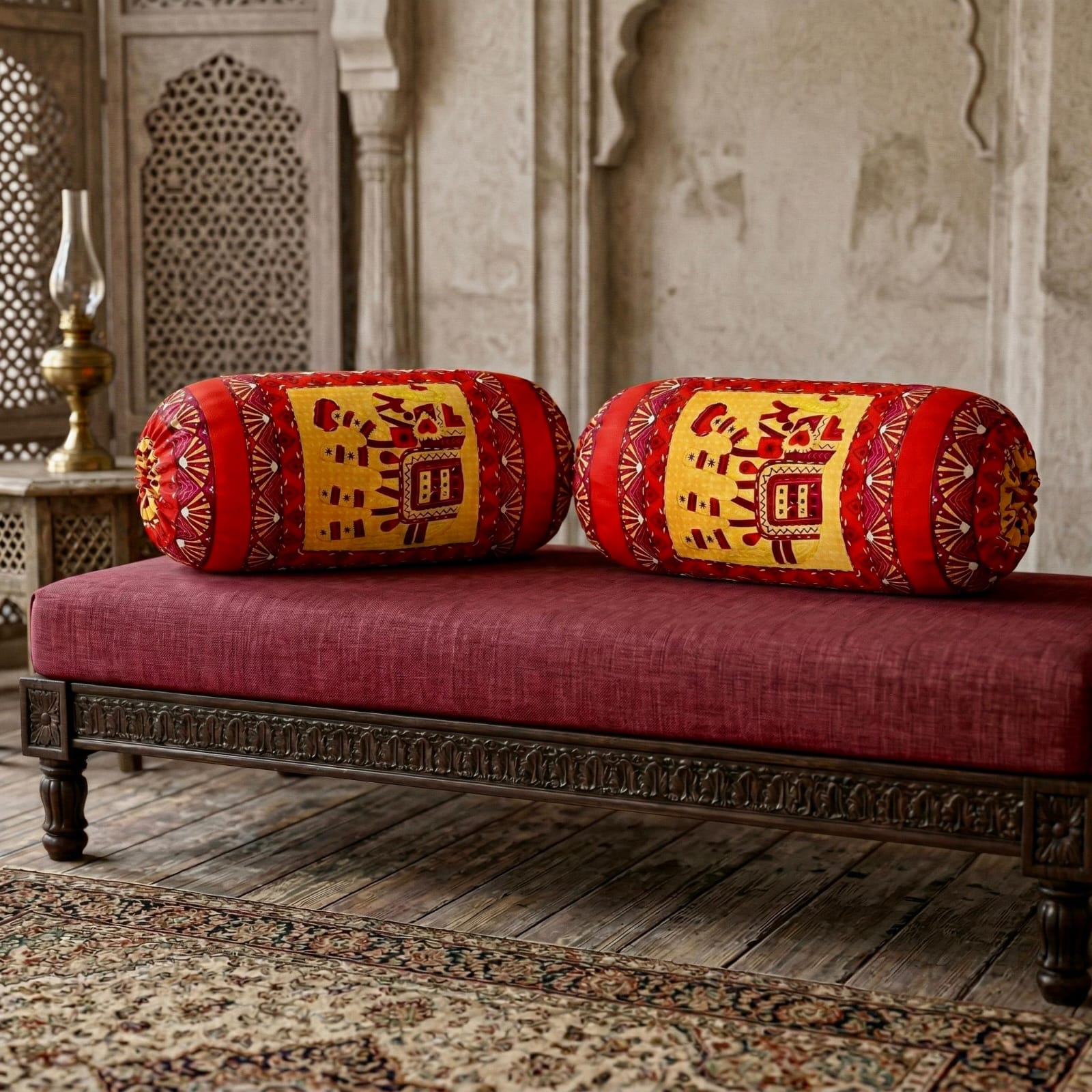 Pure cotton traditional Kantha work bolster covers - 30x15 inches (Set of 2)