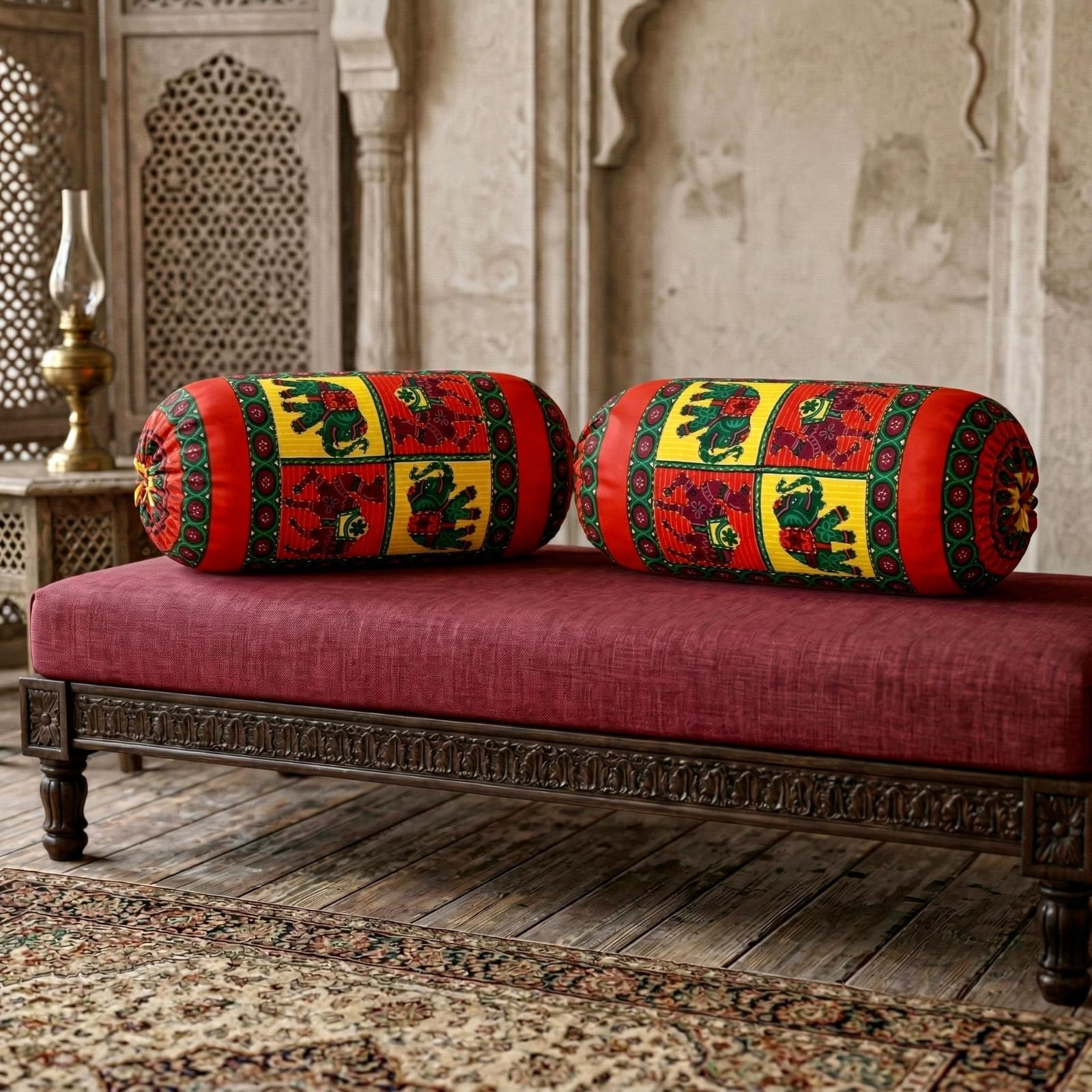 Pure cotton traditional Kantha work bolster covers - 30x15 inches (Set of 2)