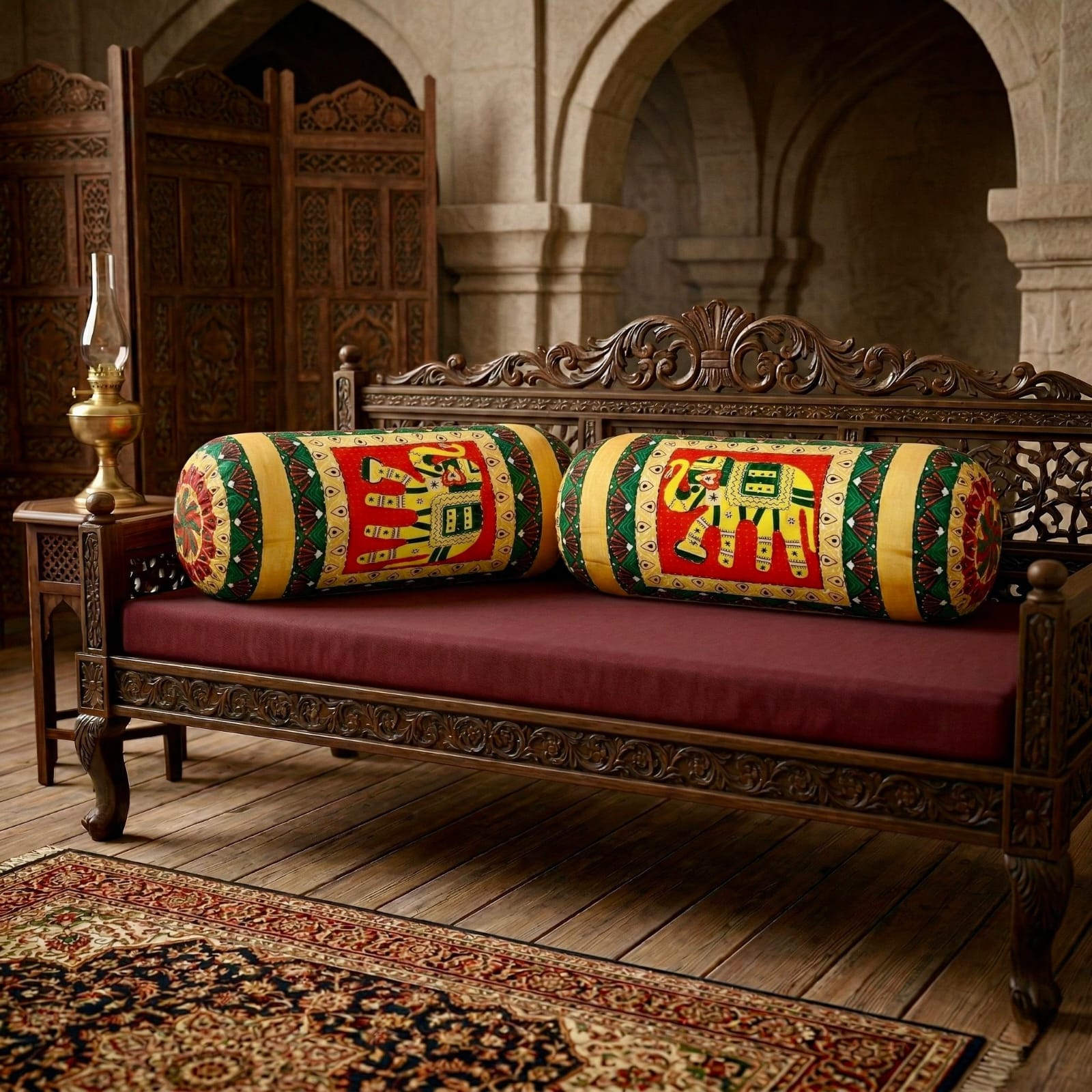 Pure cotton traditional Kantha work bolster covers - 30x15 inches (Set of 2)