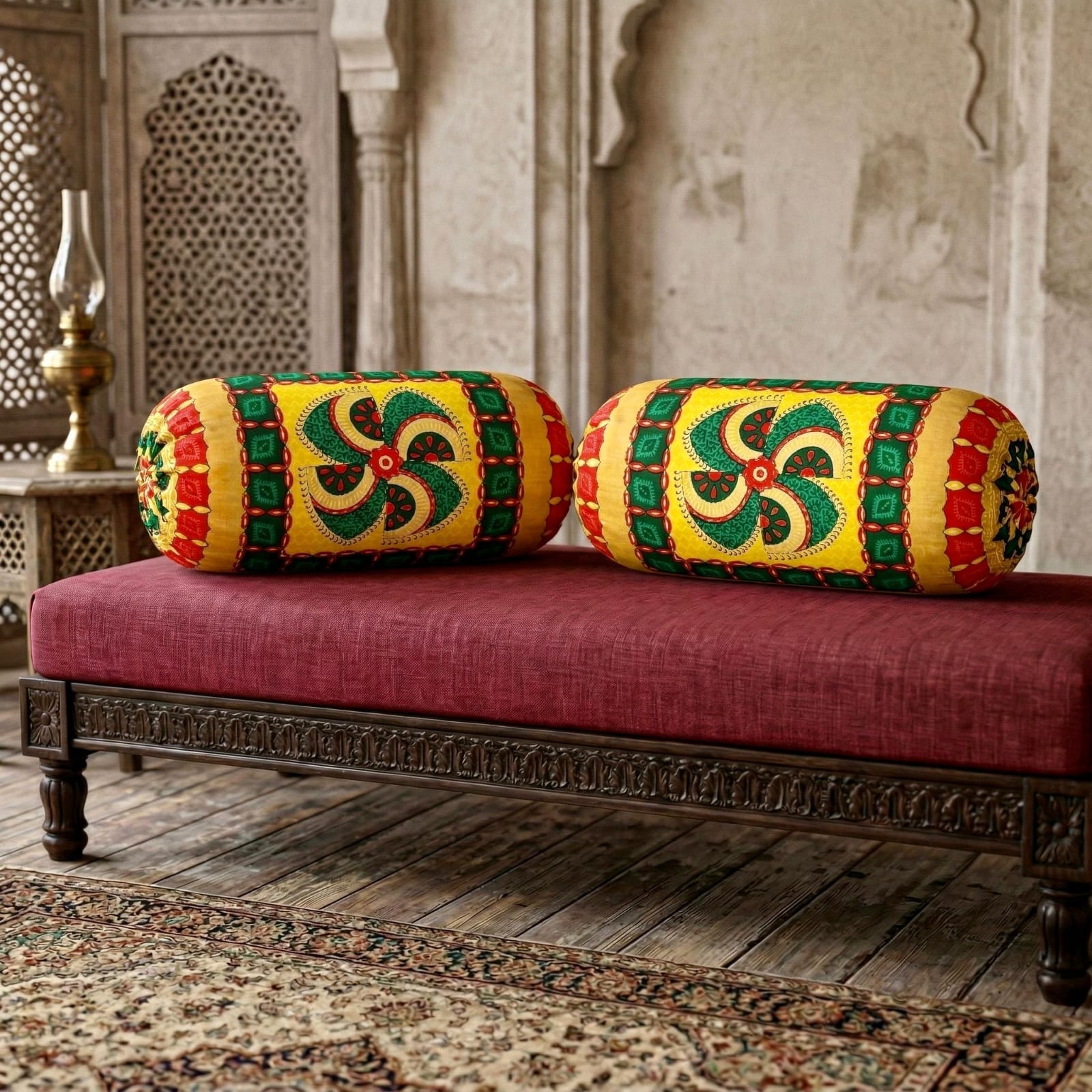 Pure cotton traditional Kantha work bolster covers - 30x15 inches (Set of 2)