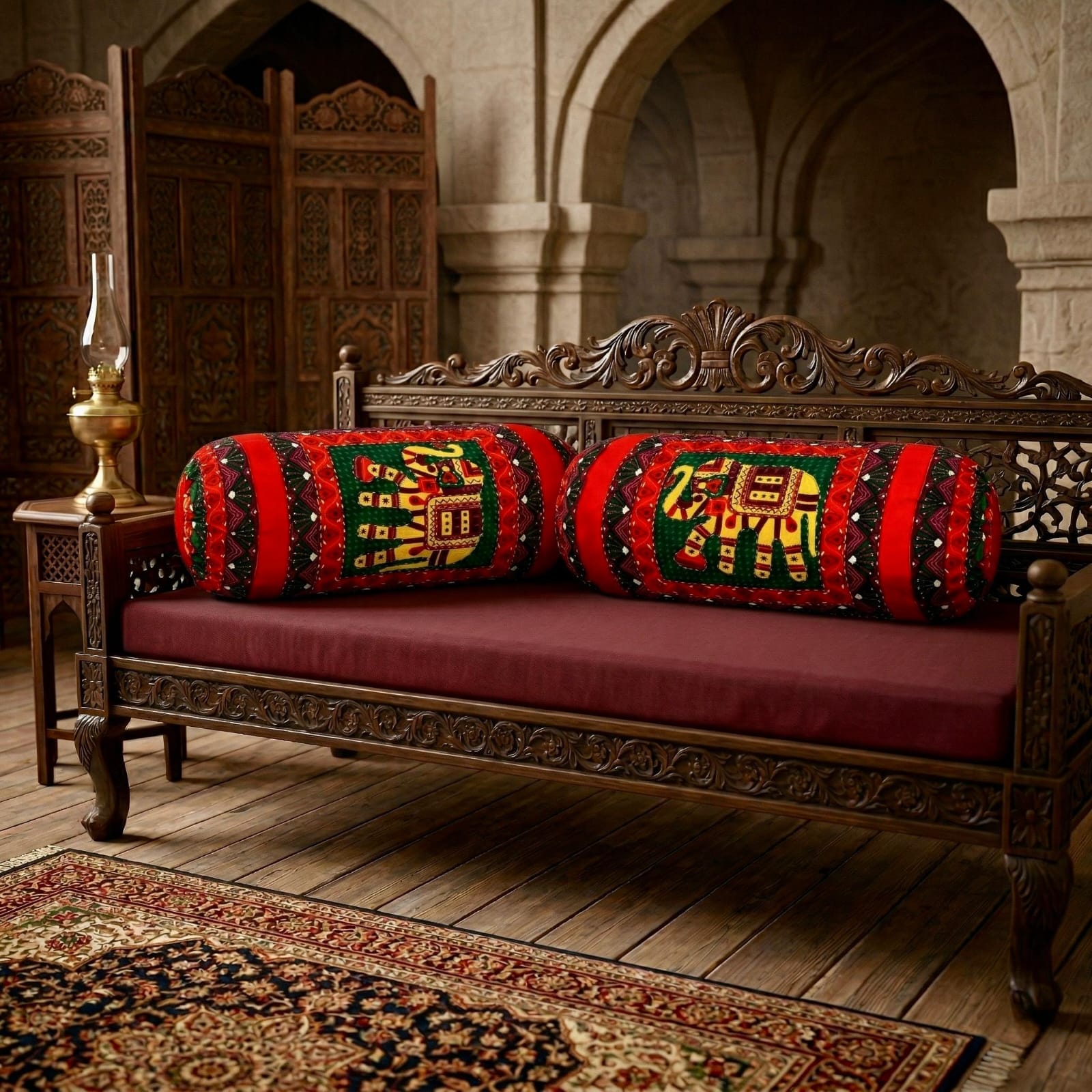 Pure cotton traditional Kantha work bolster covers - 30x15 inches (Set of 2)