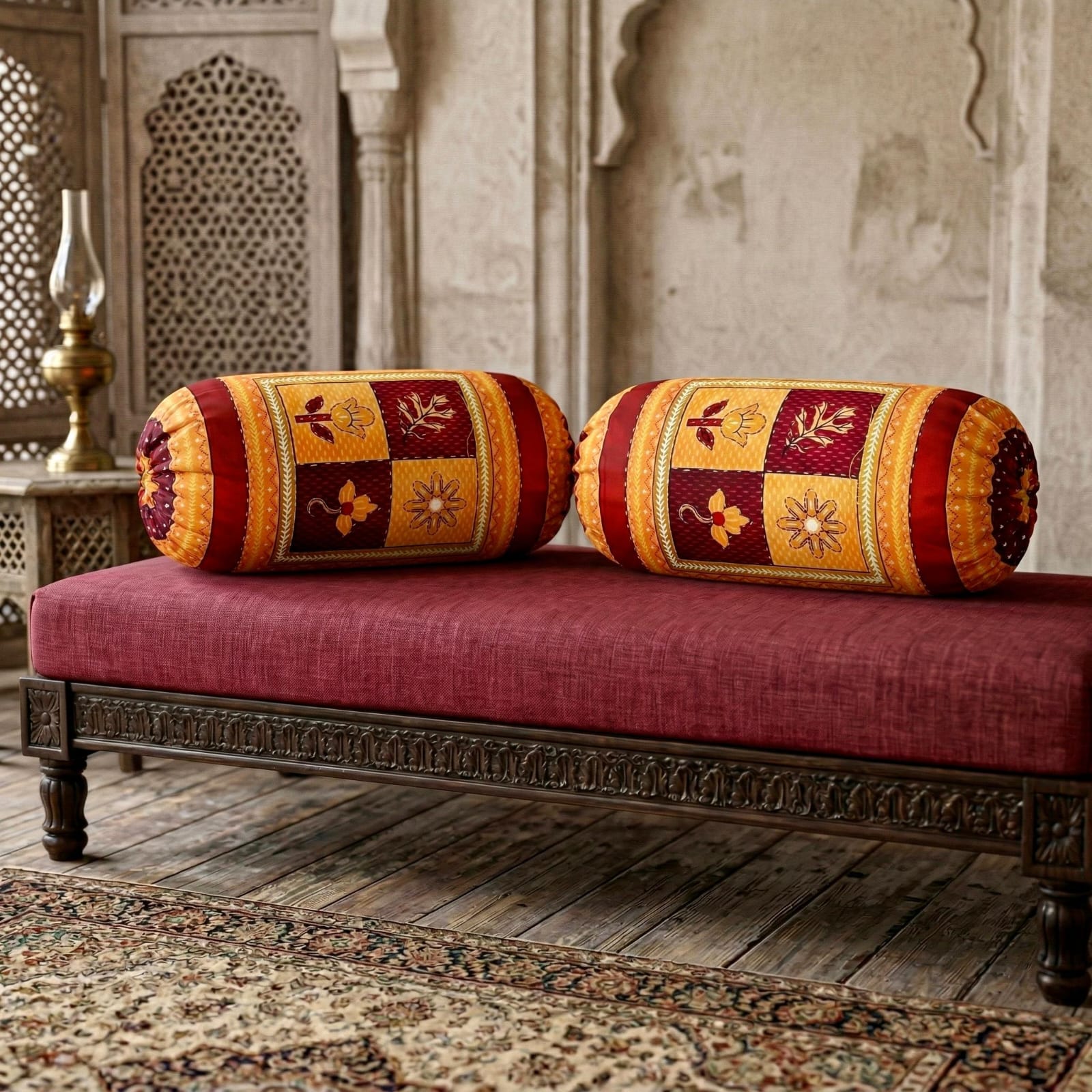 Pure cotton traditional Kantha work bolster covers - 30x15 inches (Set of 2)