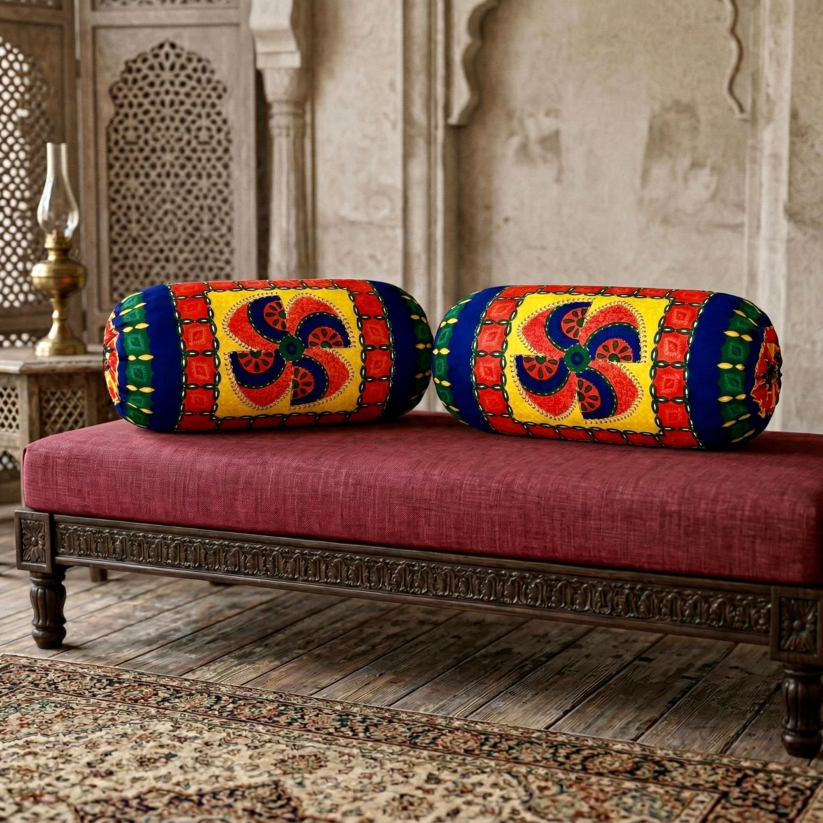 Pure cotton traditional Kantha work bolster covers - 30x15 inches (Set of 2)
