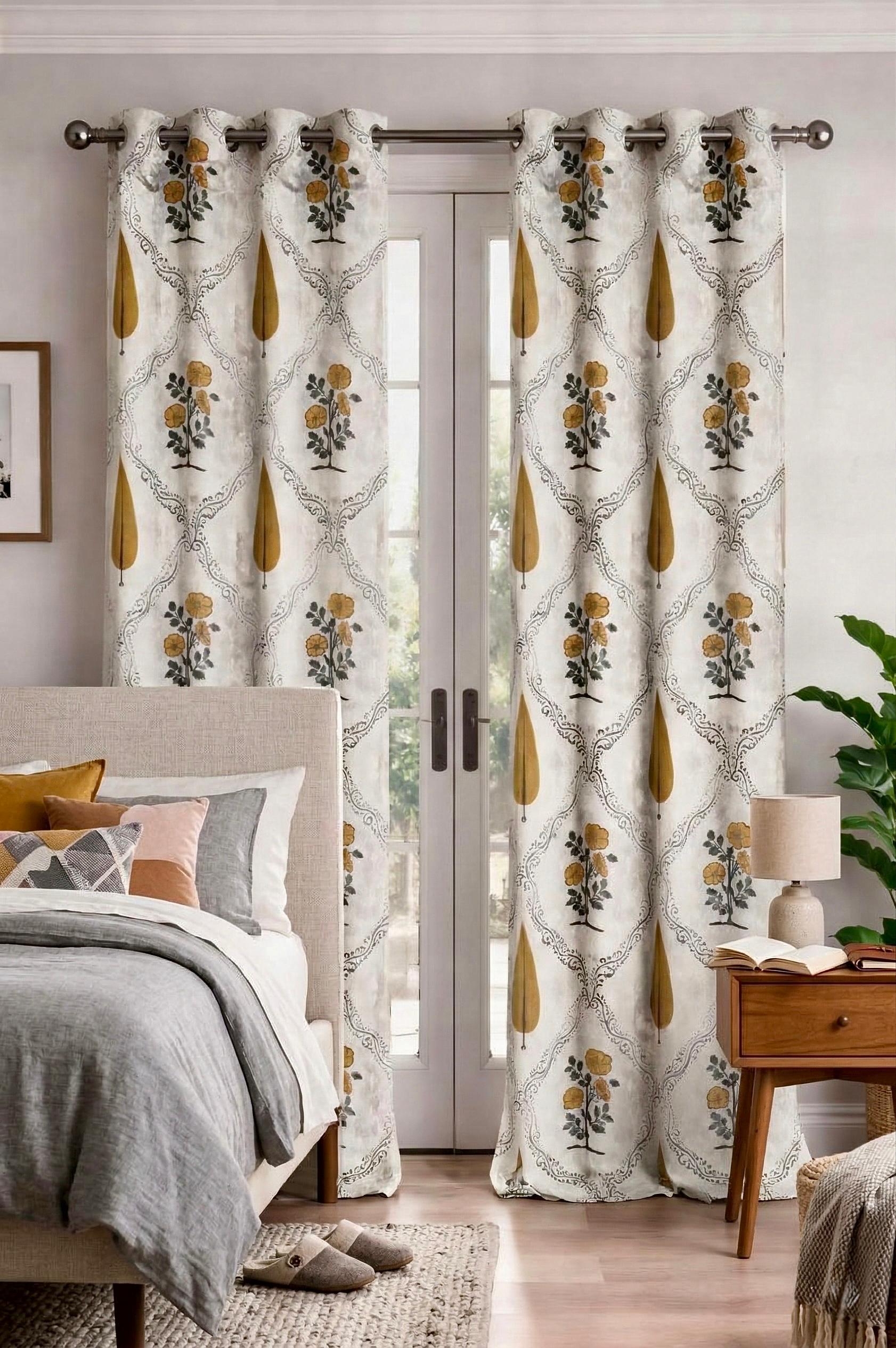 Pure cotton hand-block printed curtains (set of 2)