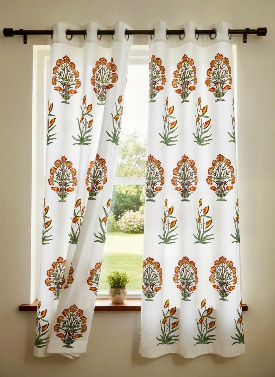 Pure cotton hand-block printed curtains (set of 2)