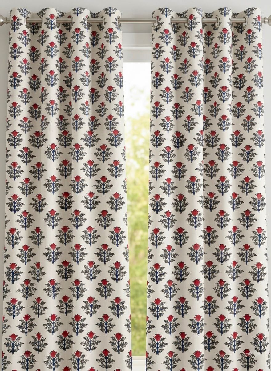 Pure cotton hand-block printed curtains (set of 2)