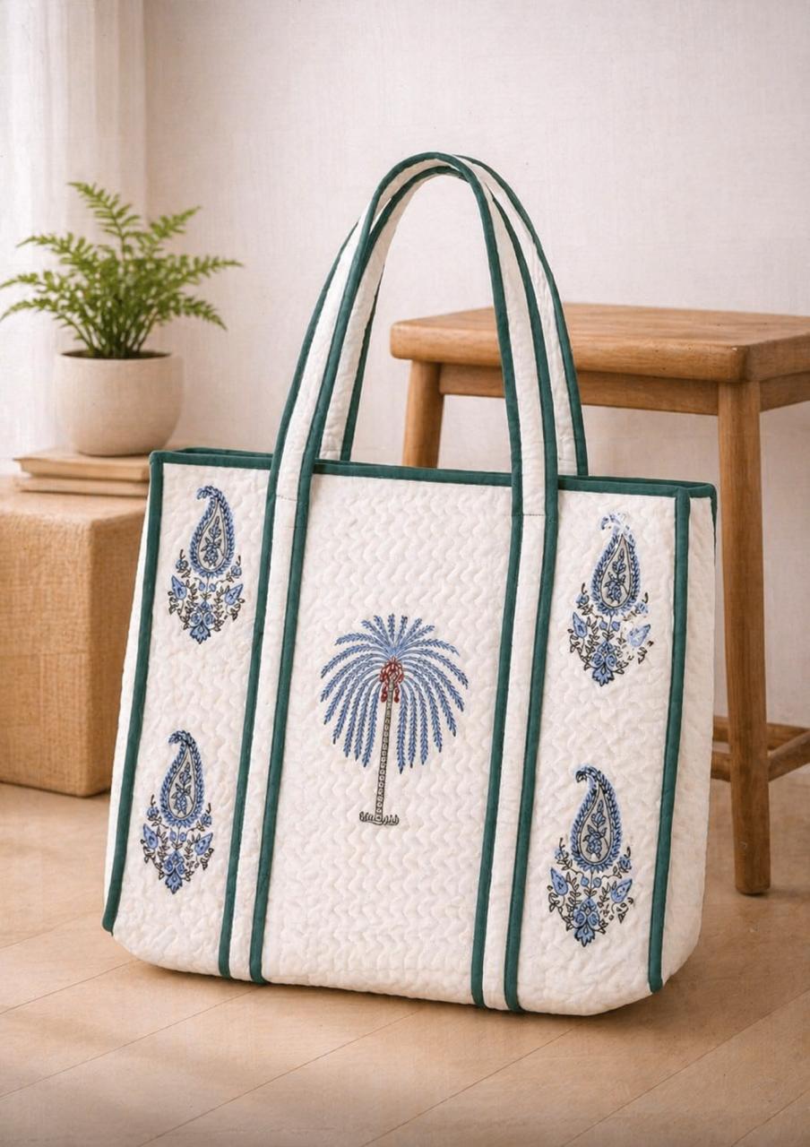 Pure cotton hand-block printed quilted tote bag (18x18 inches)