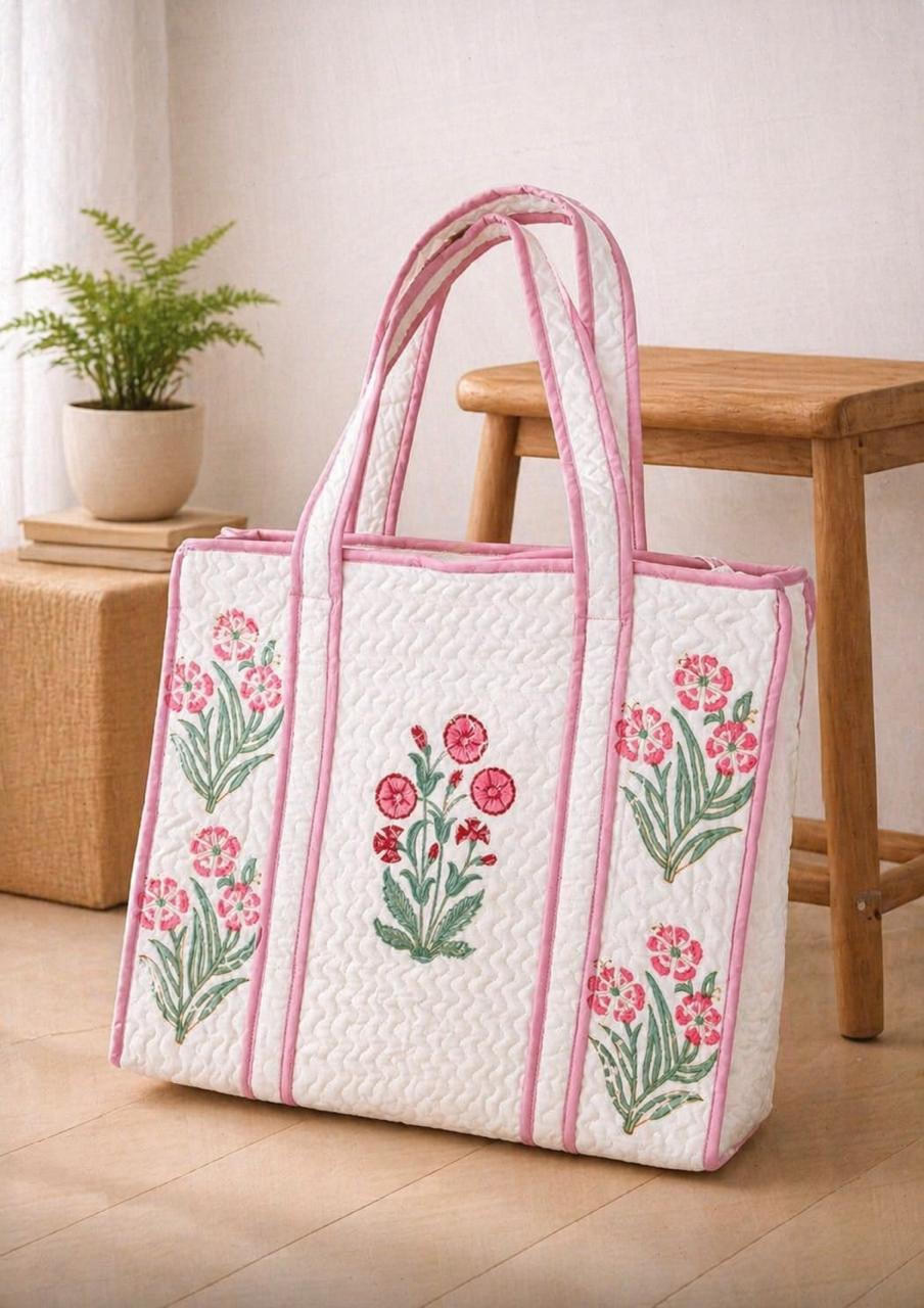 Pure cotton hand-block printed quilted tote bag (18x18 inches)