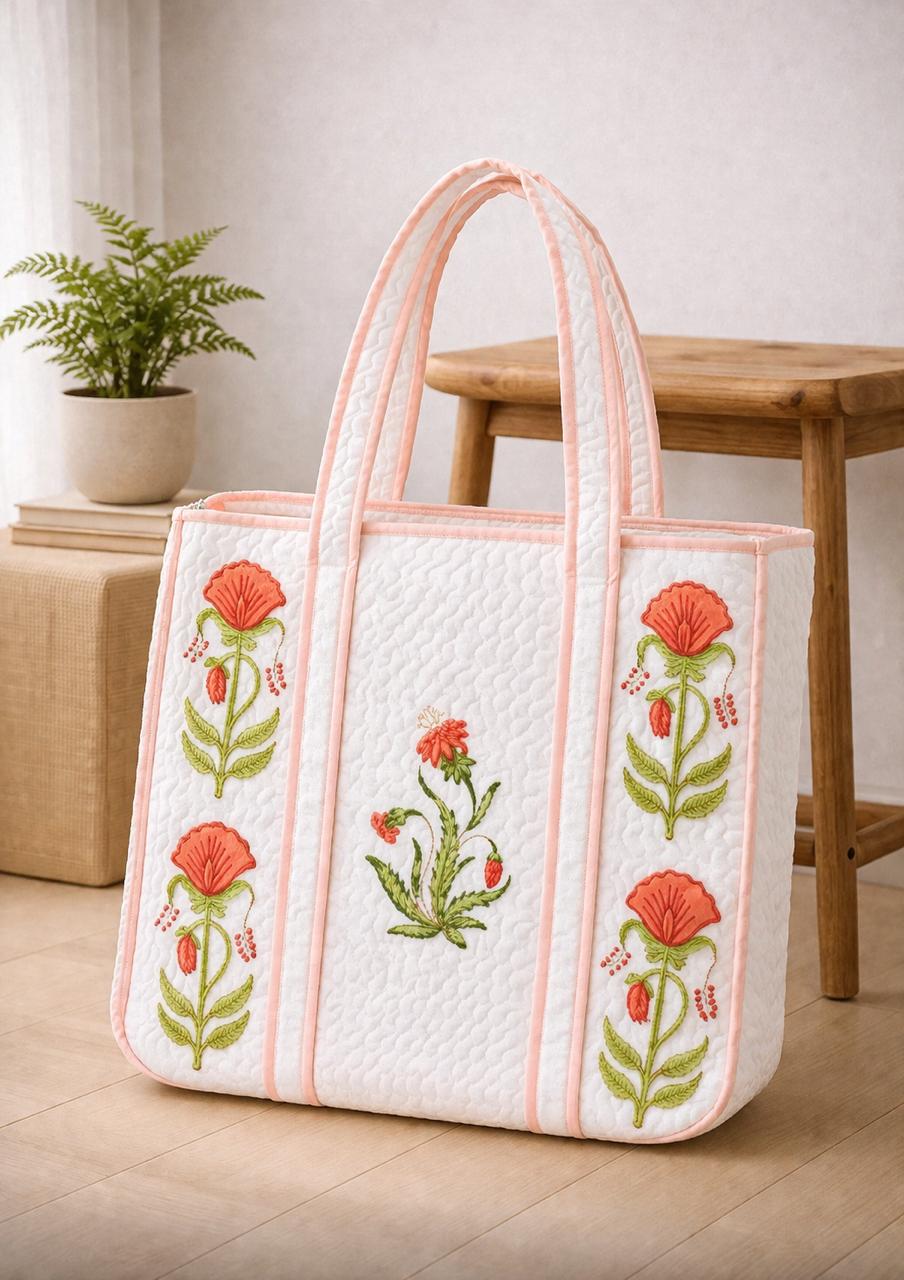 Pure cotton hand-block printed quilted tote bag (18x18 inches)
