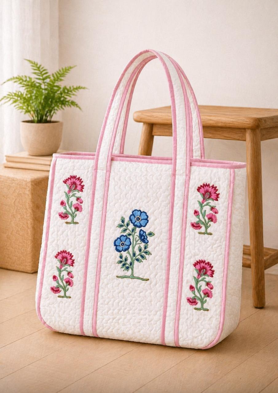 Pure cotton hand-block printed quilted tote bag (18x18 inches)