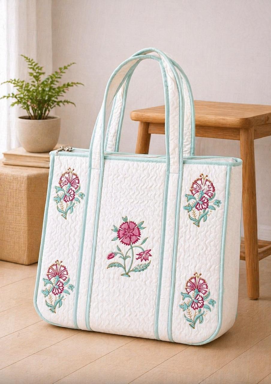 Pure cotton hand-block printed quilted tote bag (18x18 inches)