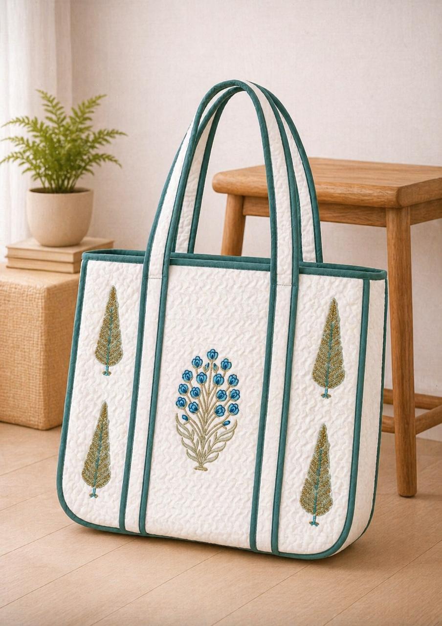 Pure cotton hand-block printed quilted tote bag (18x18 inches)