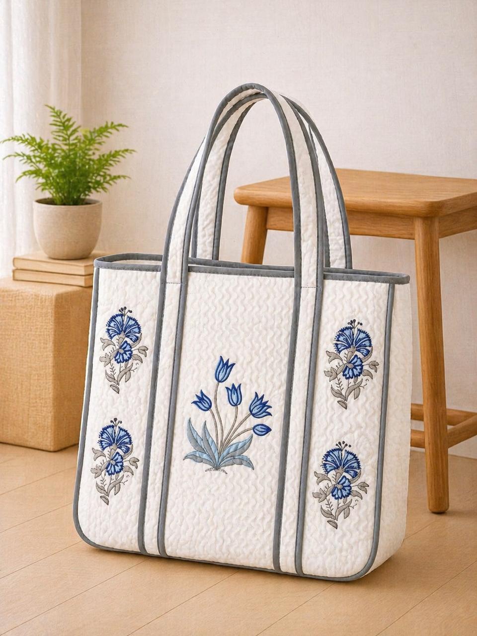 Pure cotton hand-block printed quilted tote bag (18x18 inches)