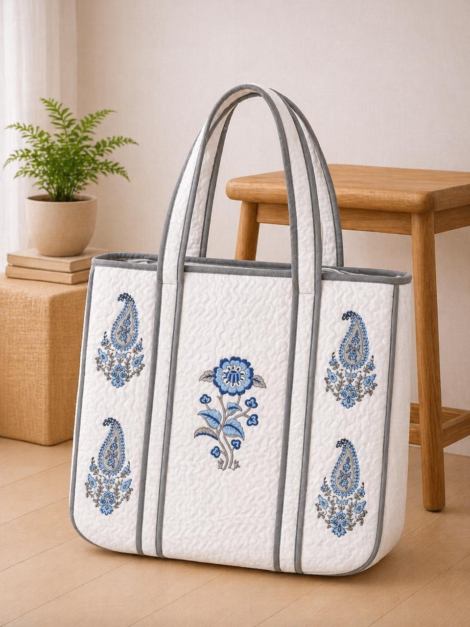 Pure cotton hand-block printed quilted tote bag (18x18 inches)