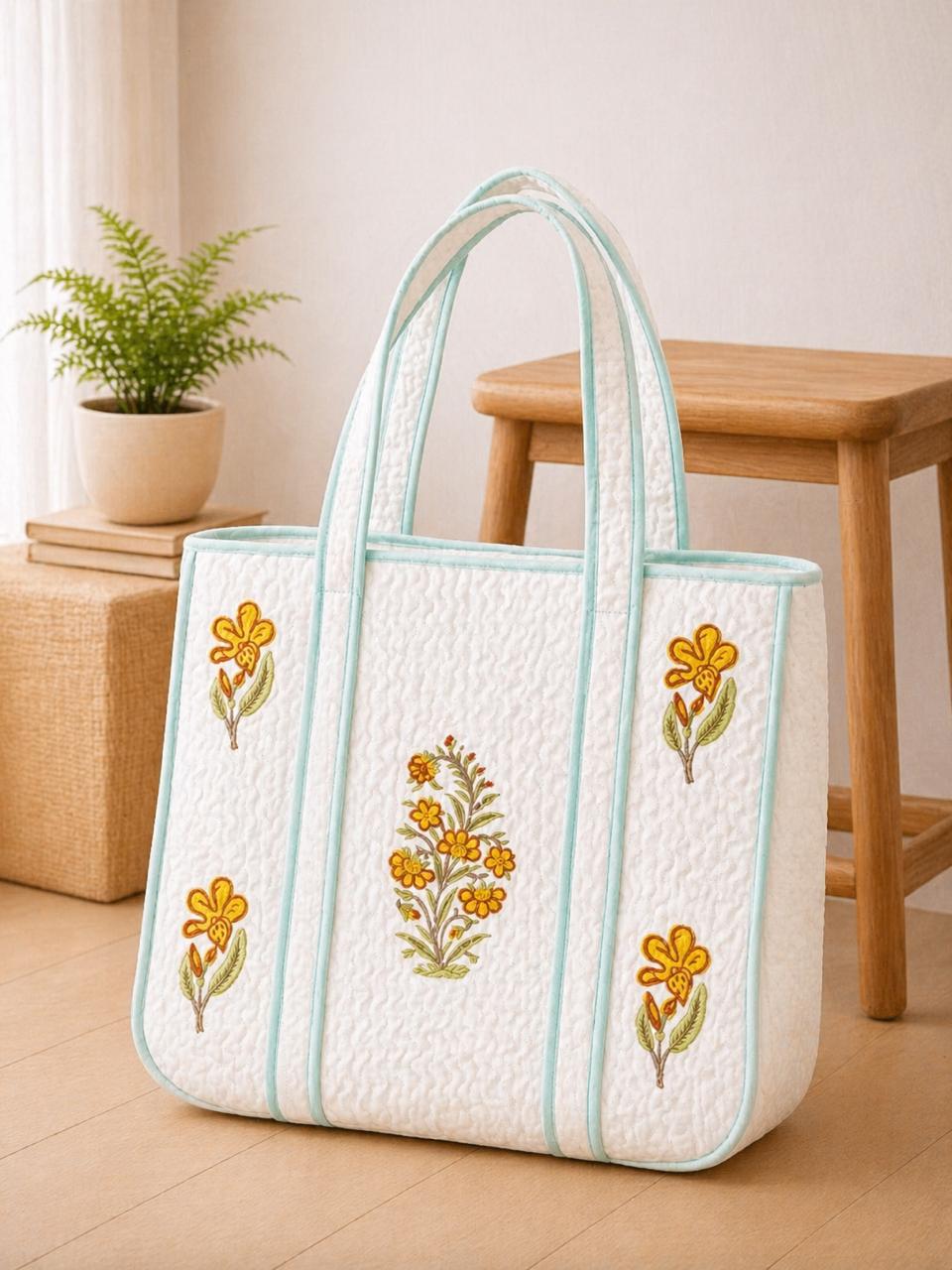Pure cotton hand-block printed quilted tote bag (18x18 inches)