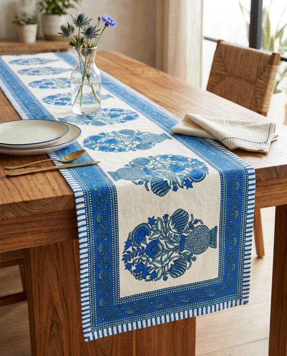 Pure canvas cotton screen printed runners for 6 seater dining tables