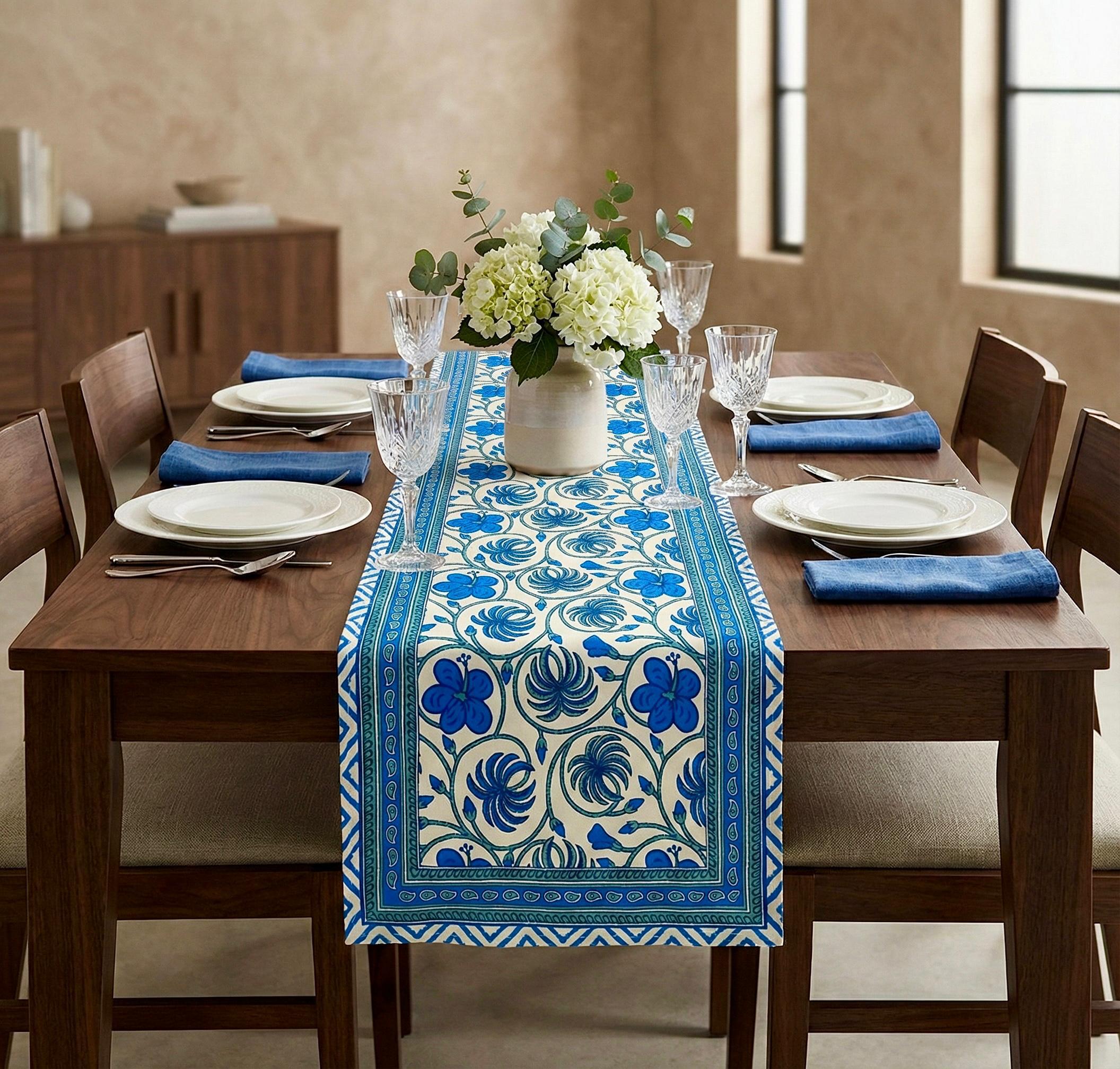 Pure canvas cotton screen printed runners for 6 seater dining tables