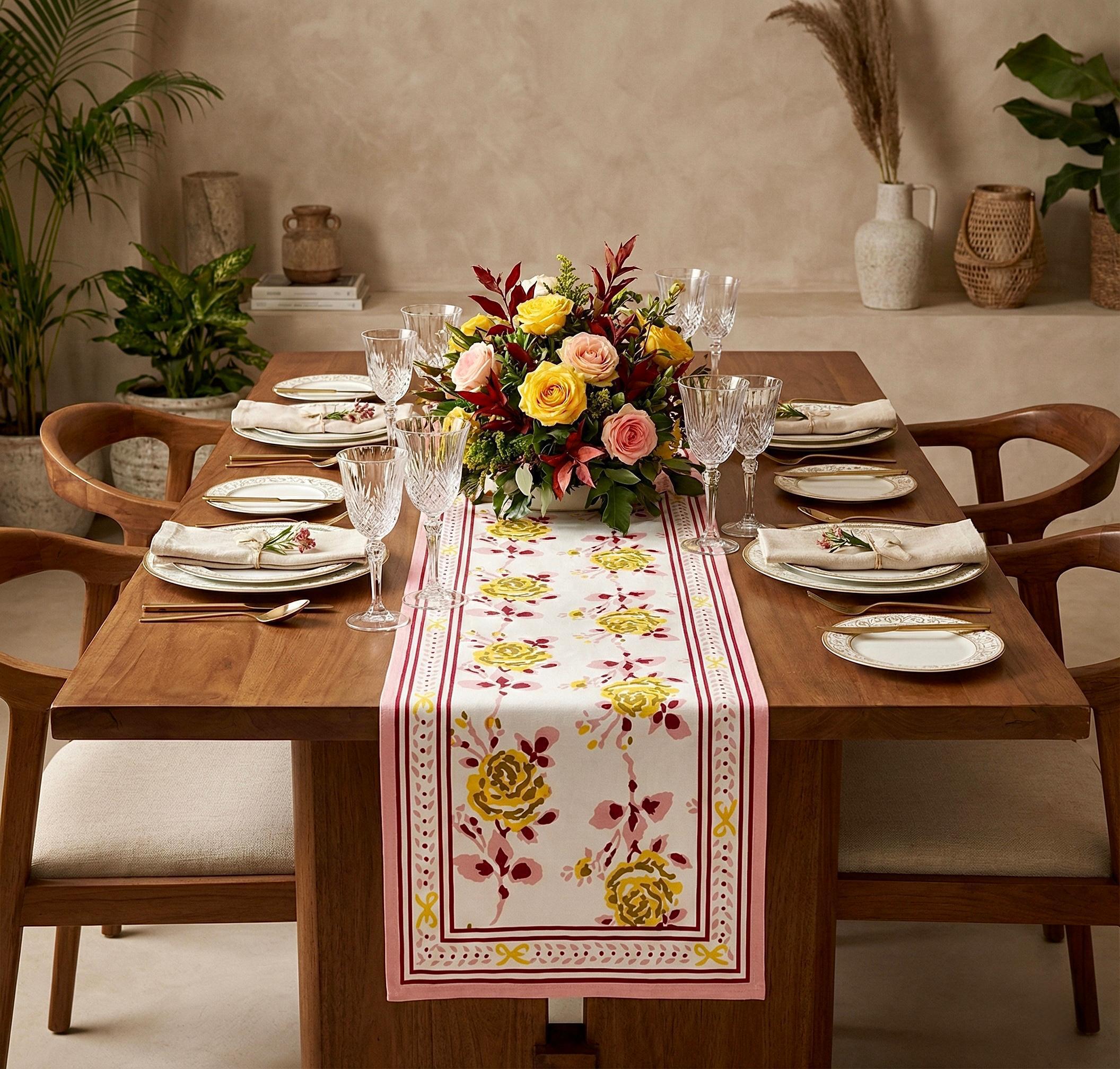 Pure canvas cotton screen printed runners for 6 seater dining tables