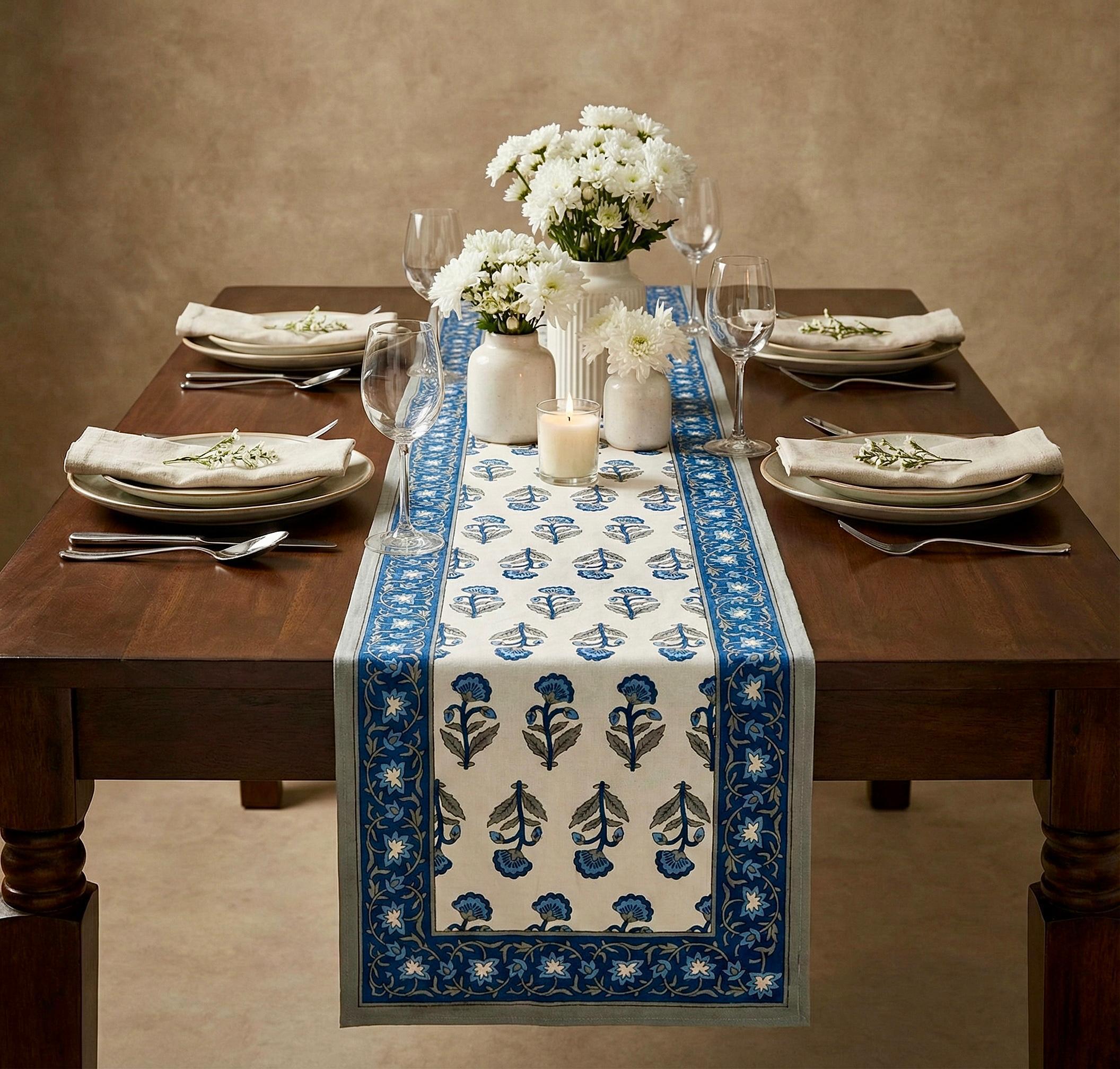 Pure canvas cotton screen printed runners for 6 seater dining tables
