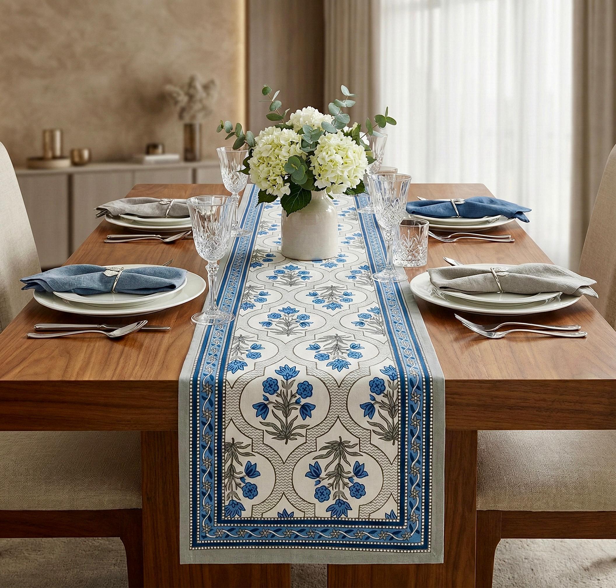 Pure canvas cotton screen printed runners for 6 seater dining tables