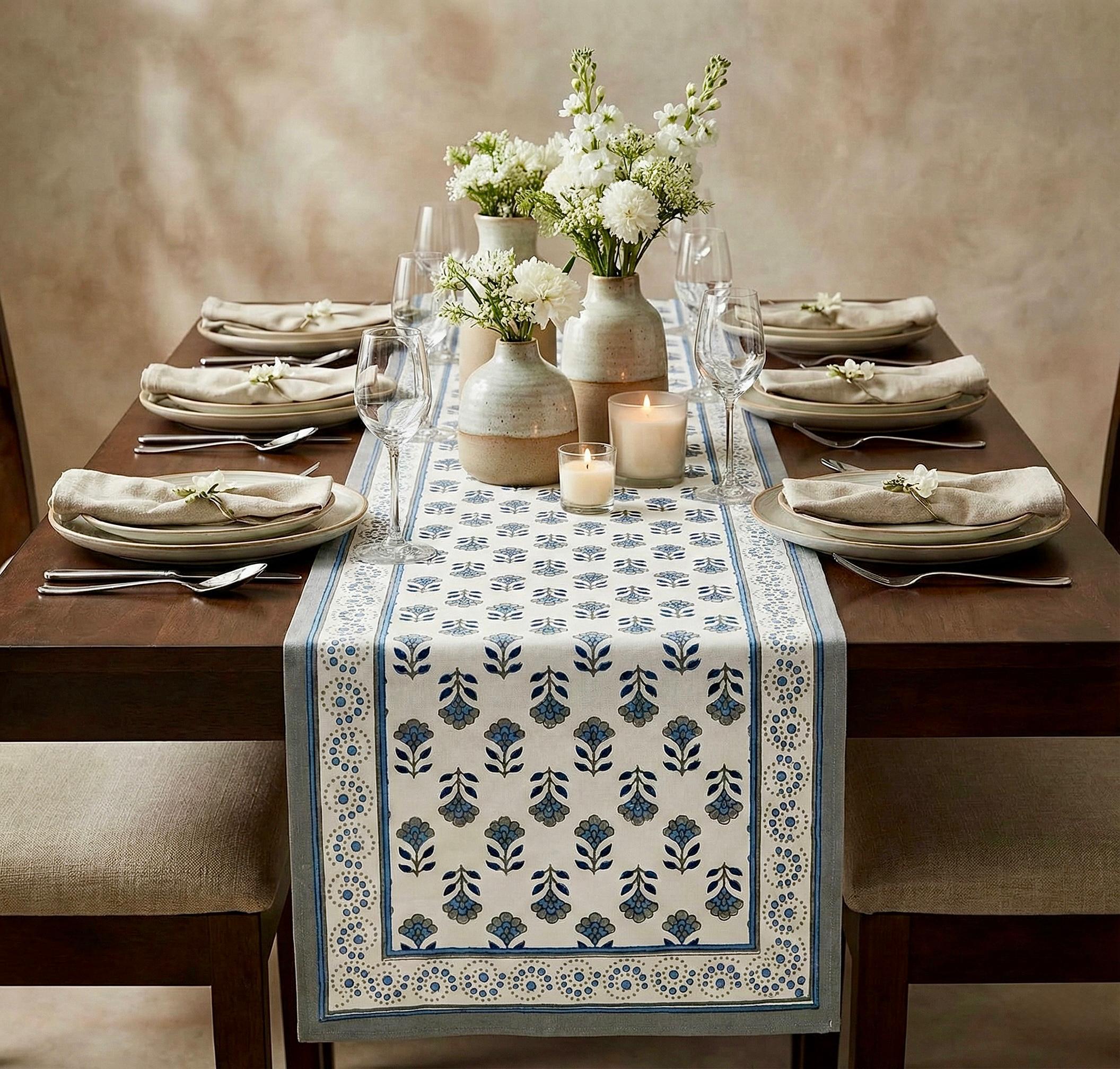 Pure canvas cotton screen printed runners for 6 seater dining tables