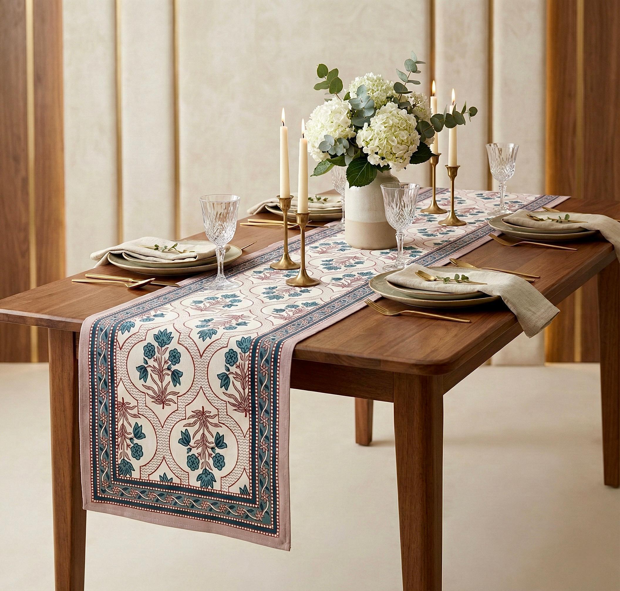 Pure canvas cotton screen printed runners for 6 seater dining tables