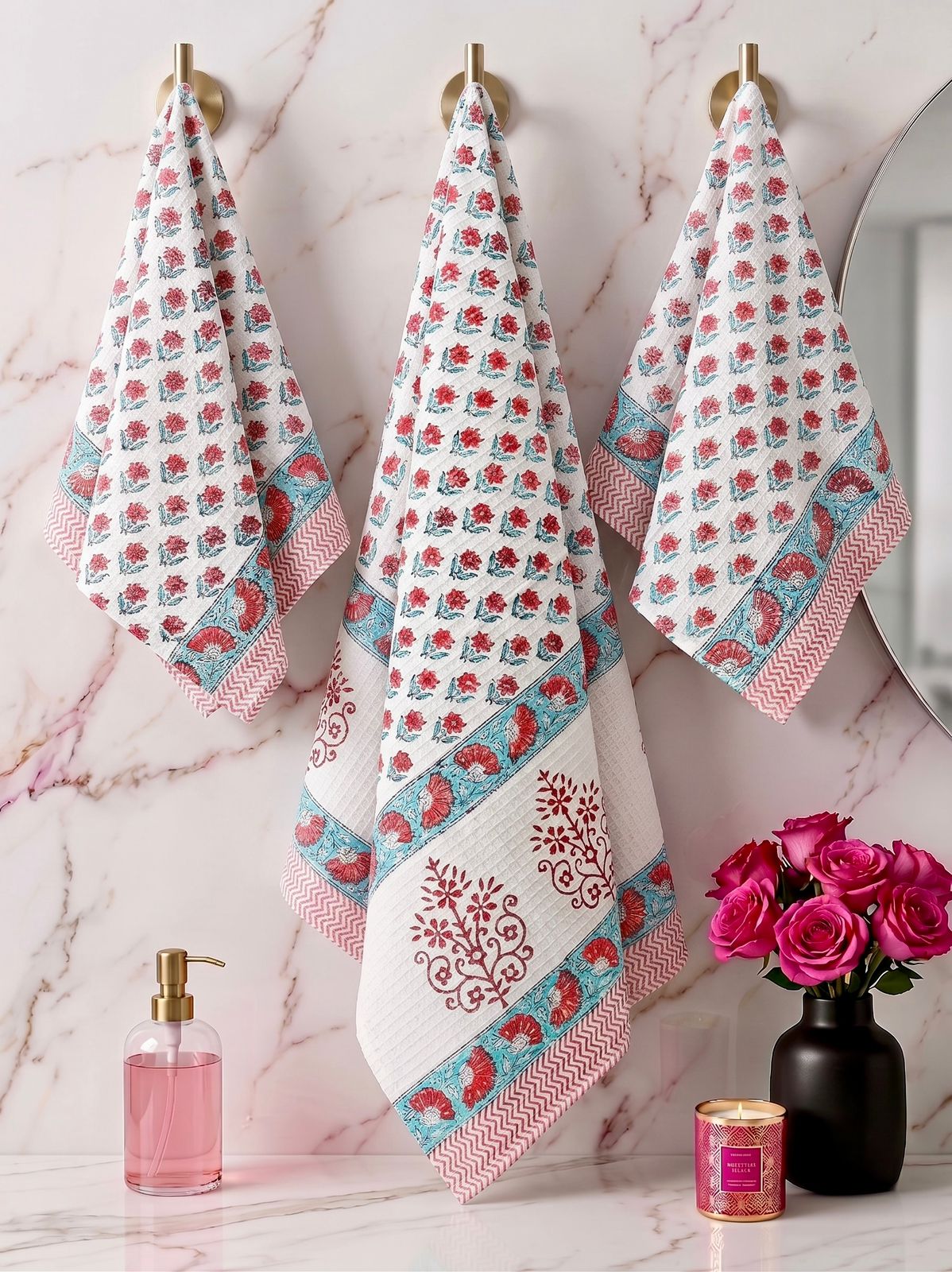 Pure cotton waffled textured hand-block printed bath combos (1 bath and 2 hand towels)