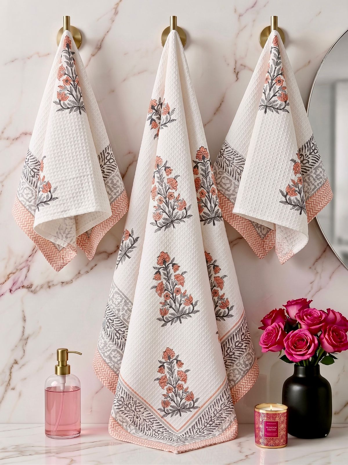 Pure cotton waffled textured hand-block printed bath combos (1 bath and 2 hand towels)