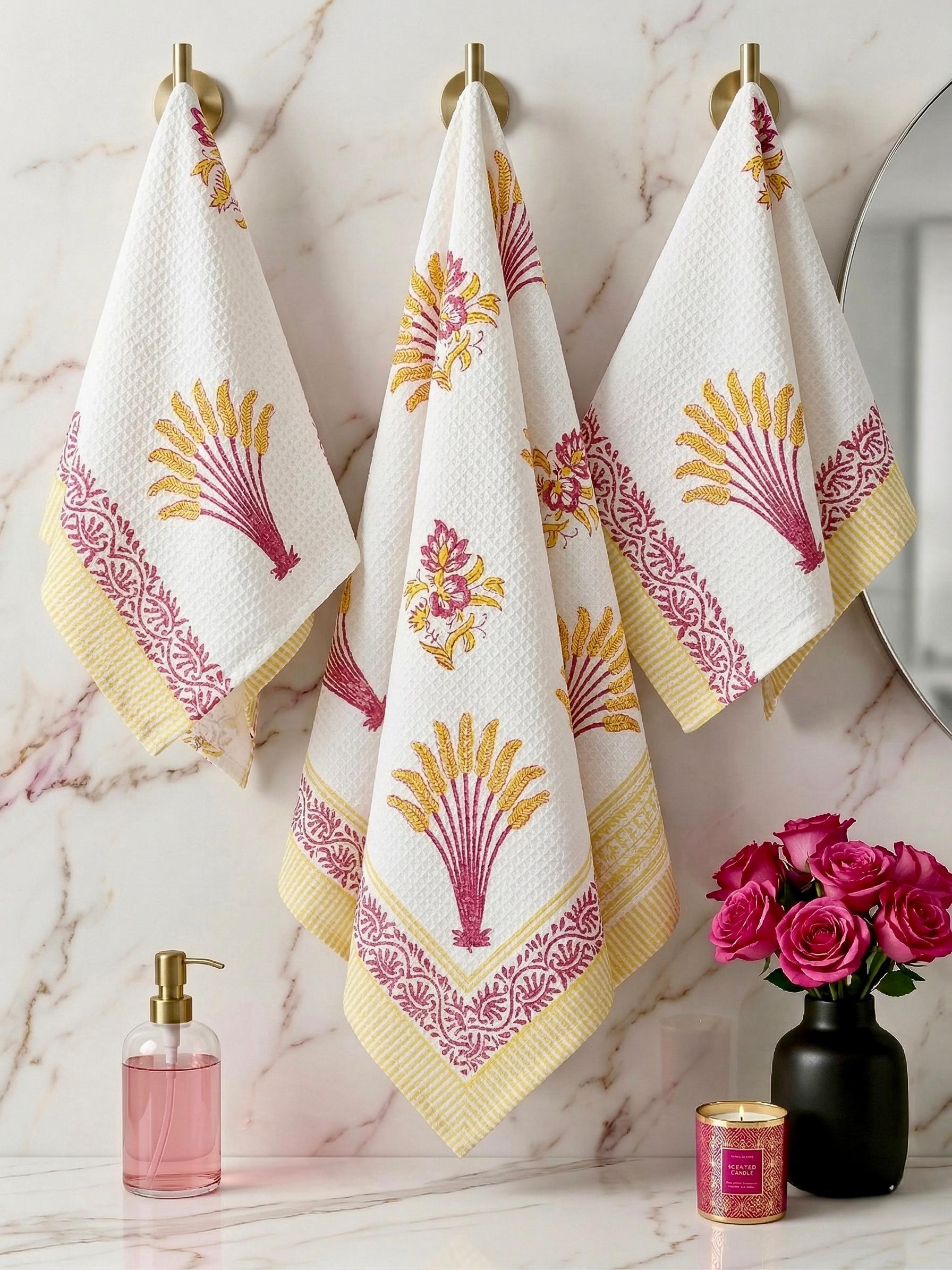 Pure cotton waffled textured hand-block printed bath combos (1 bath and 2 hand towels)