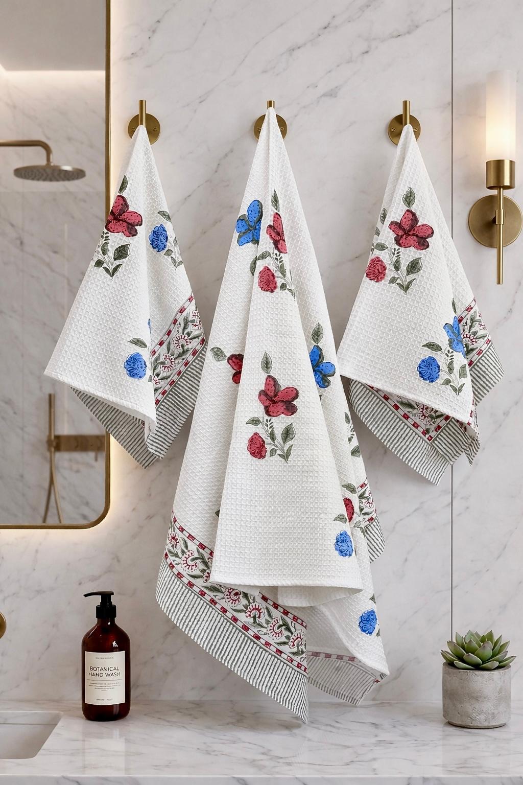 Pure cotton waffled textured hand-block printed bath combos (1 bath and 2 hand towels)