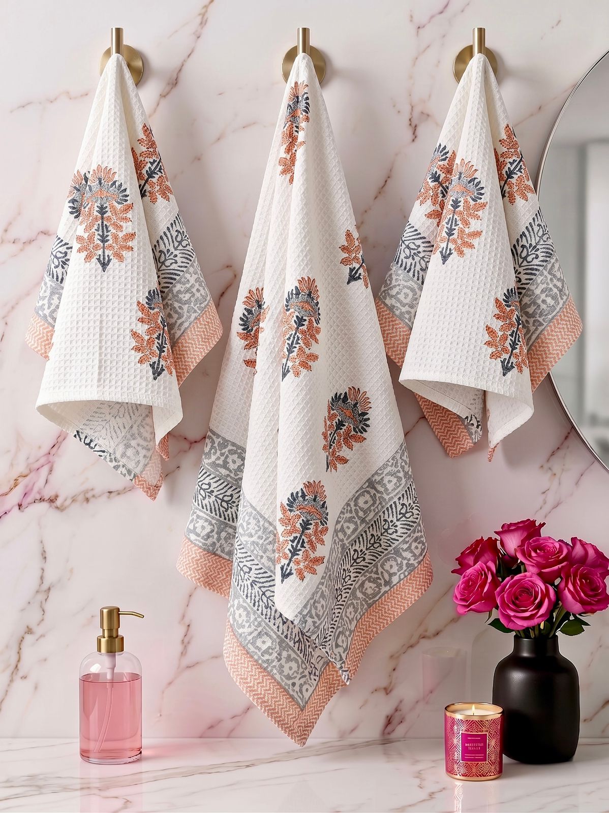 Pure cotton waffled textured hand-block printed bath combos (1 bath and 2 hand towels)