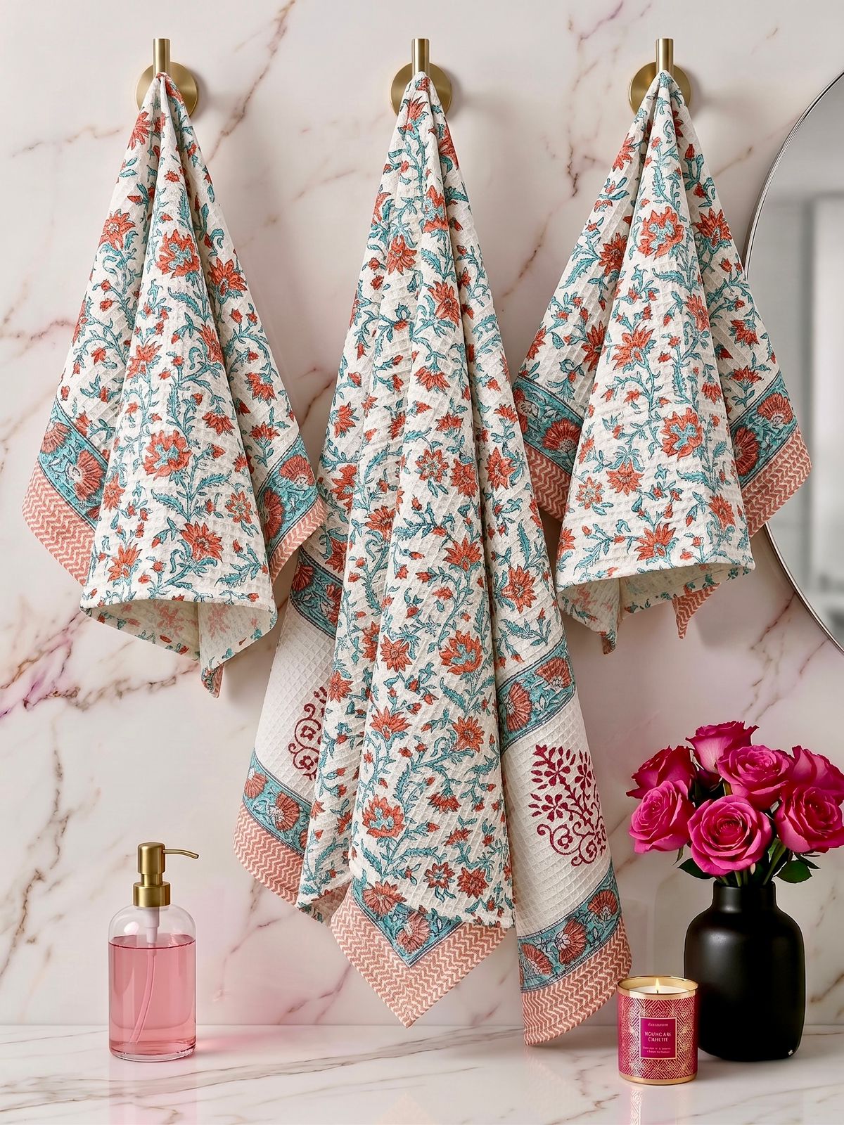 Pure cotton waffled textured hand-block printed bath combos (1 bath and 2 hand towels)