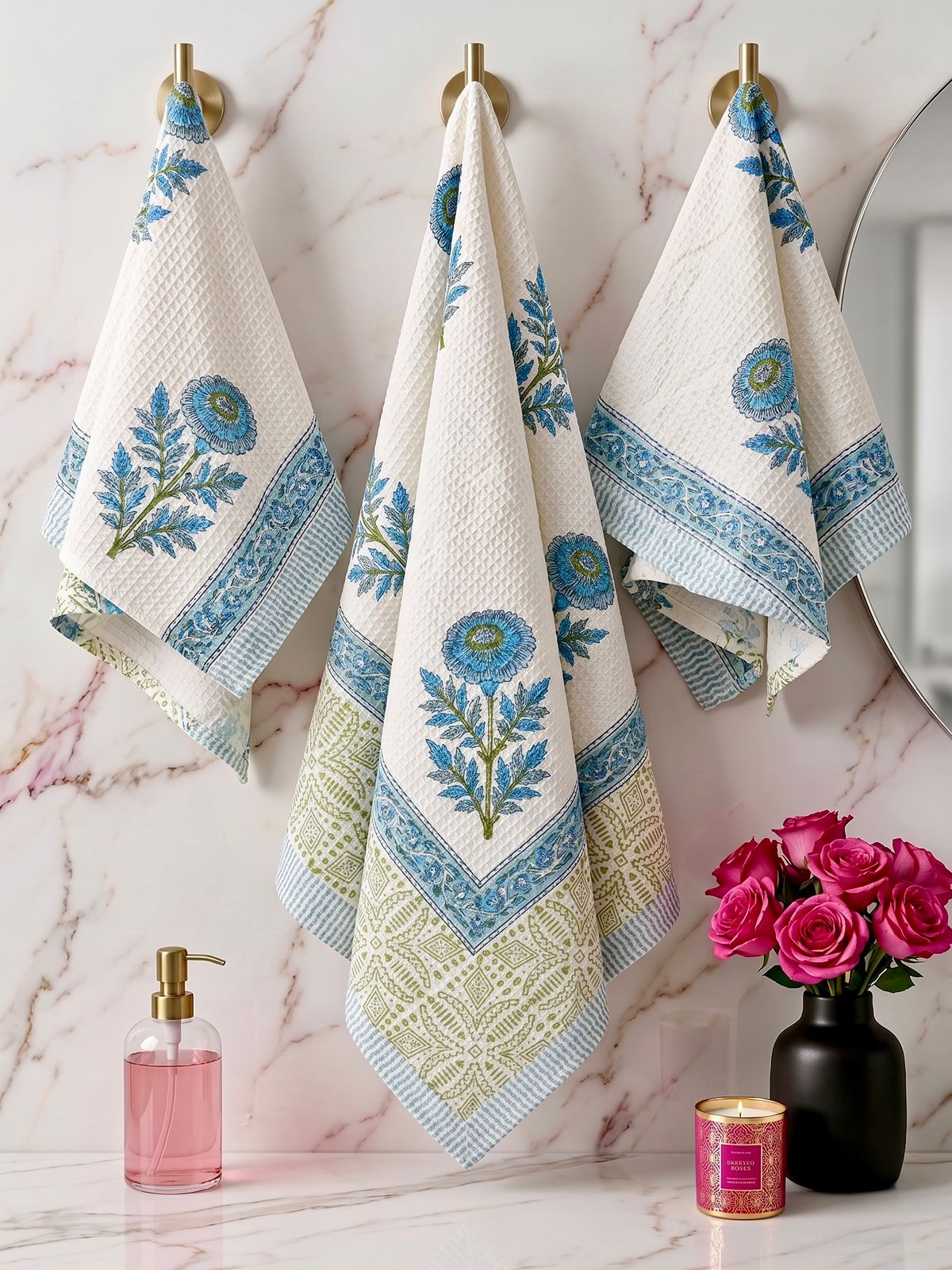 Pure cotton waffled textured hand-block printed bath combos (1 bath and 2 hand towels)