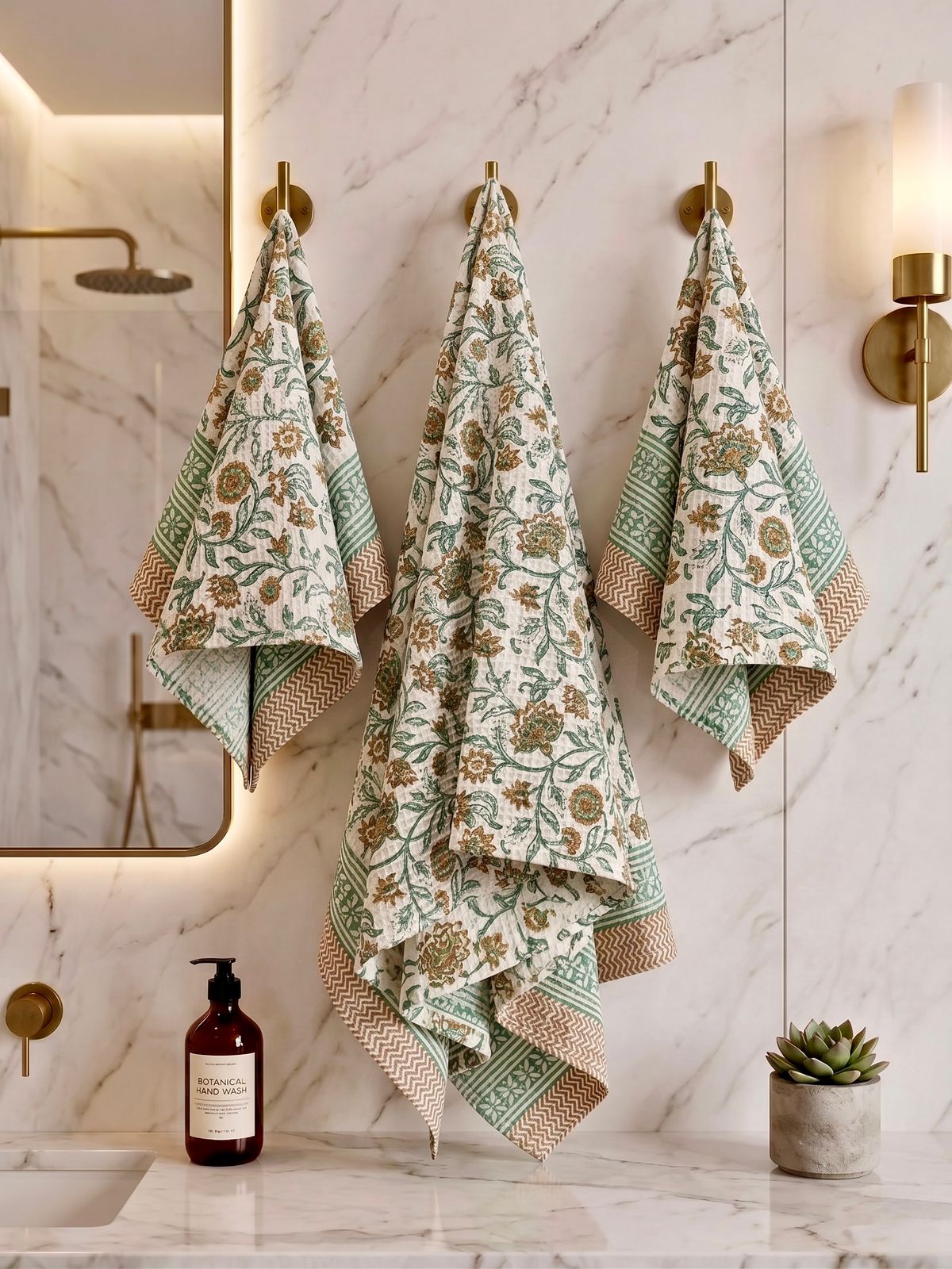 Pure cotton waffled textured hand-block printed bath combos (1 bath and 2 hand towels)