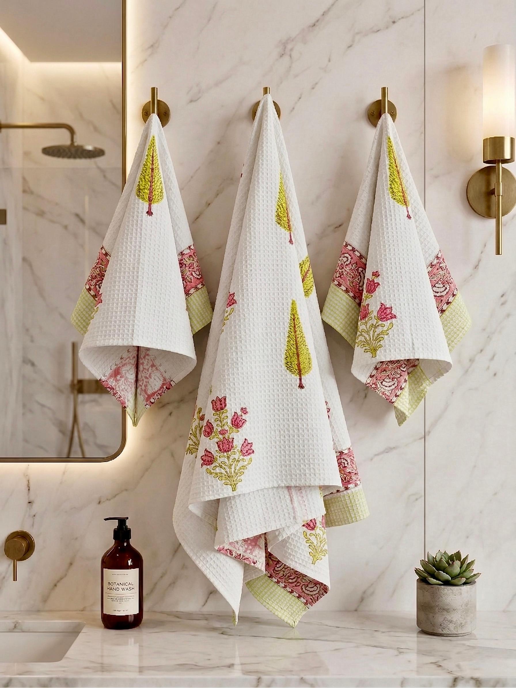 Pure cotton waffled textured hand-block printed bath combos (1 bath and 2 hand towels)