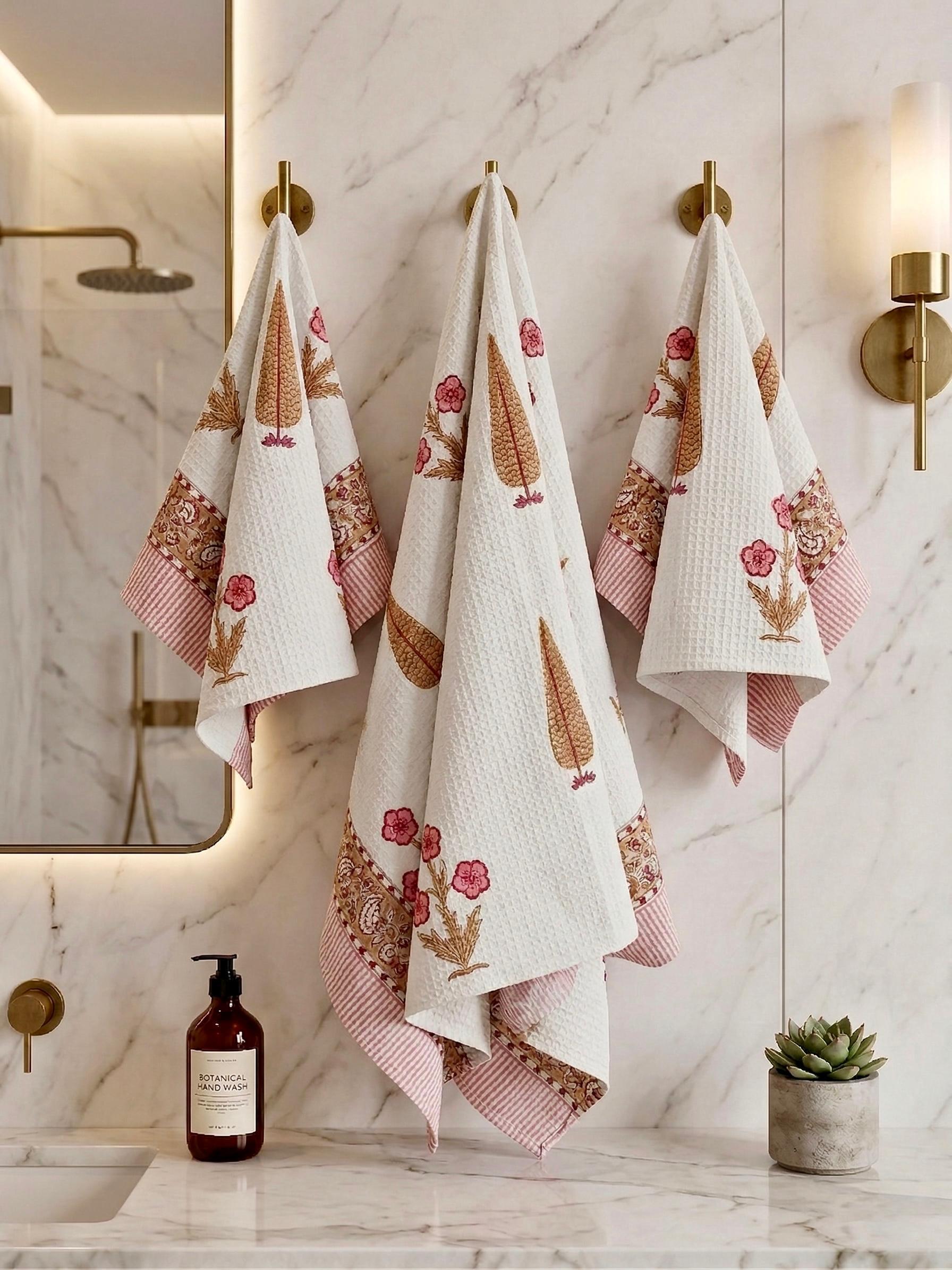 Pure cotton waffled textured hand-block printed bath combos (1 bath and 2 hand towels)