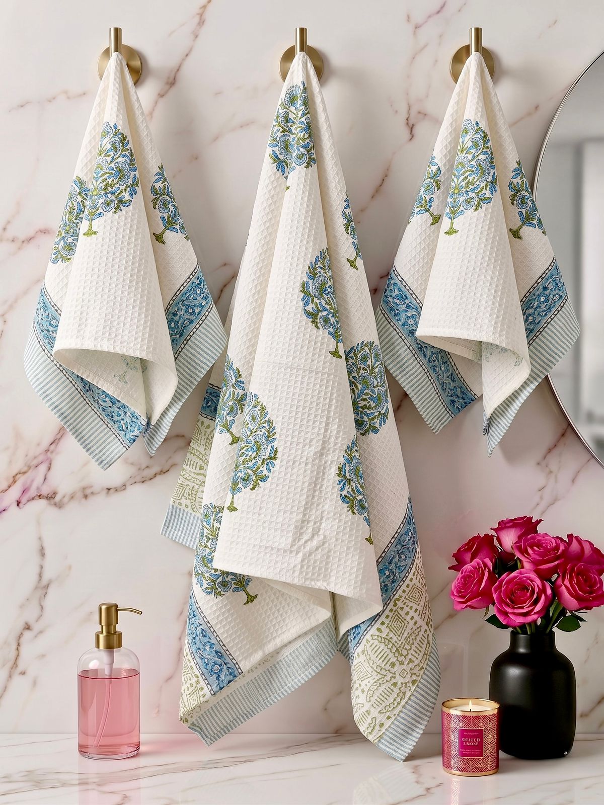 Pure cotton waffled textured hand-block printed bath combos (1 bath and 2 hand towels)