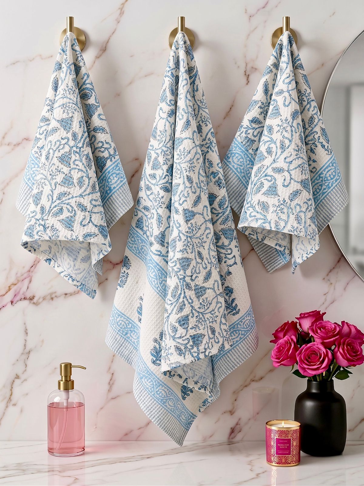 Pure cotton waffled textured hand-block printed bath combos (1 bath and 2 hand towels)