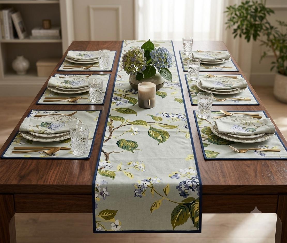Pure cotton printed table runner and placemats combo for 6 seater dining tables