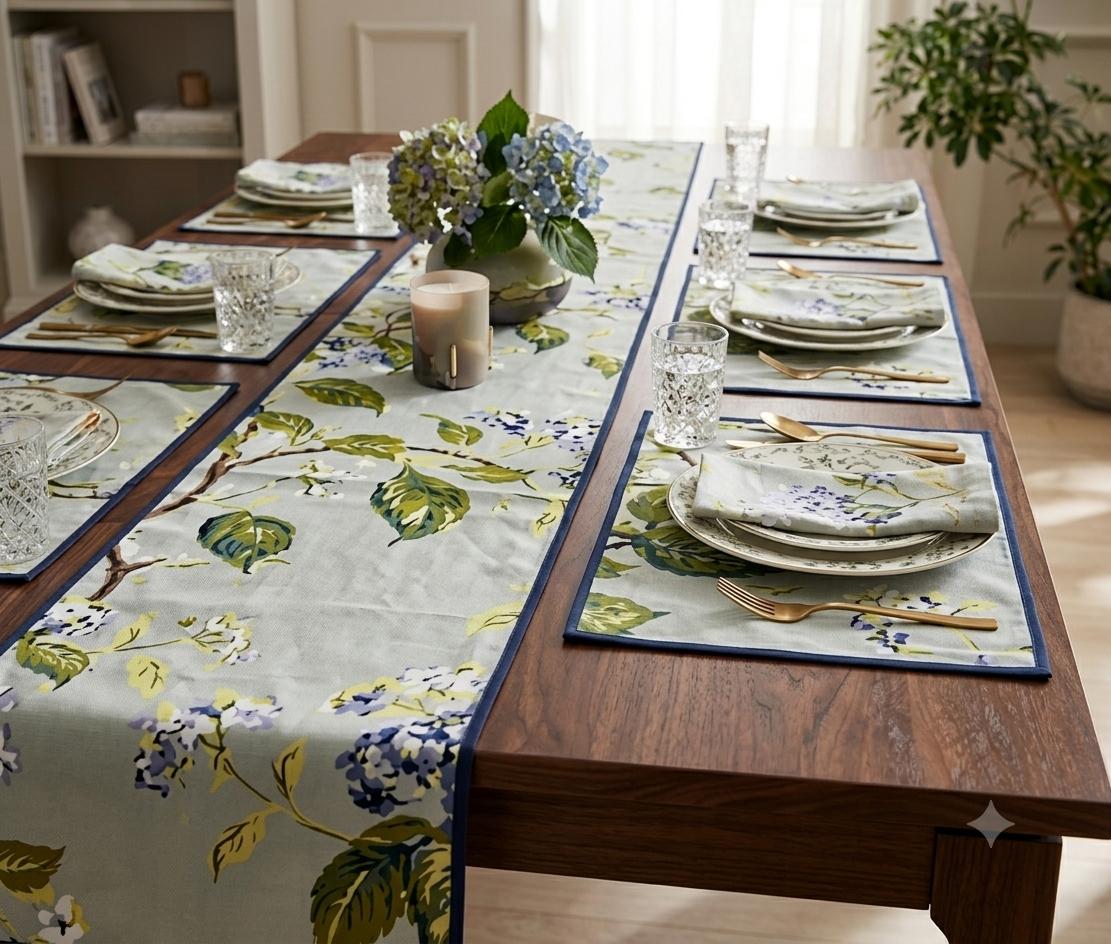 Pure cotton printed table runner and placemats combo for 6 seater dining tables