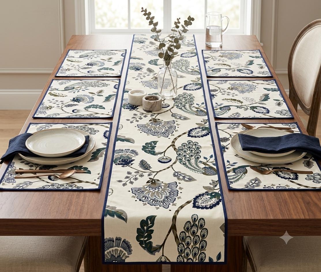 Pure cotton printed table runner and placemats combo for 6 seater dining tables