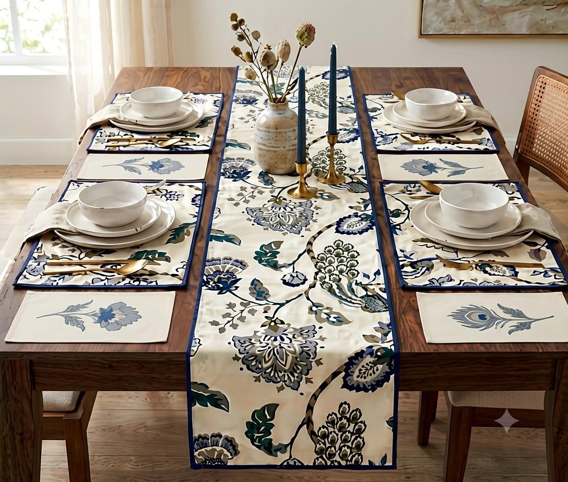 Pure cotton printed table runner and placemats combo for 6 seater dining tables