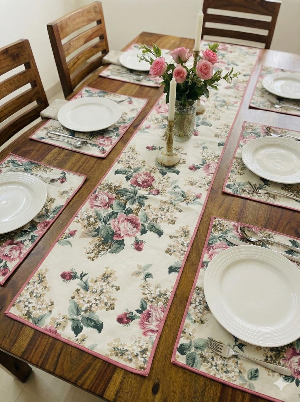 Pure cotton printed table runner and placemats combo for 6 seater dining tables