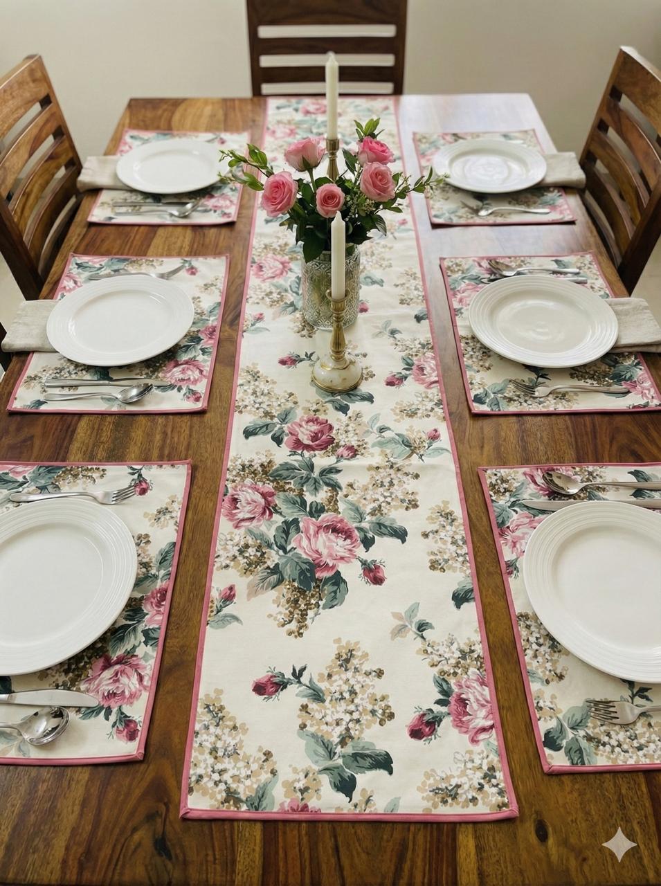 Pure cotton printed table runner and placemats combo for 6 seater dining tables