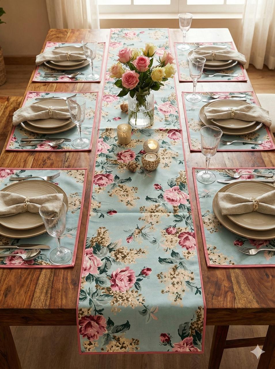 Pure cotton printed table runner and placemats combo for 6 seater dining tables