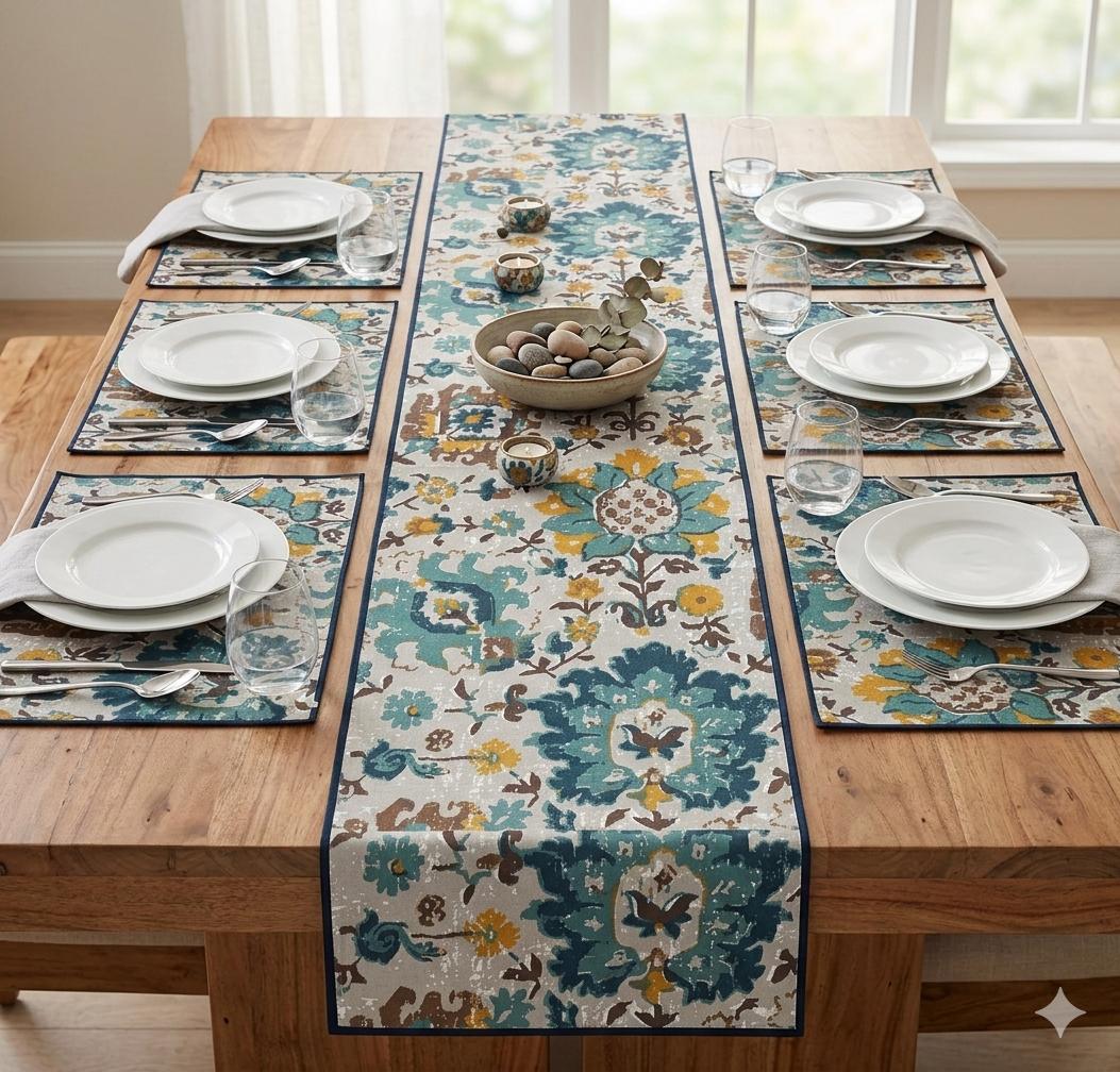 Pure cotton printed table runner and placemats combo for 6 seater dining tables