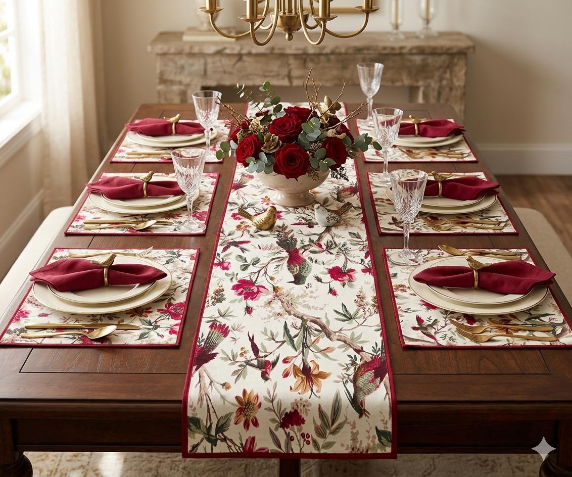 Pure cotton printed table runner and placemats combo for 6 seater dining tables