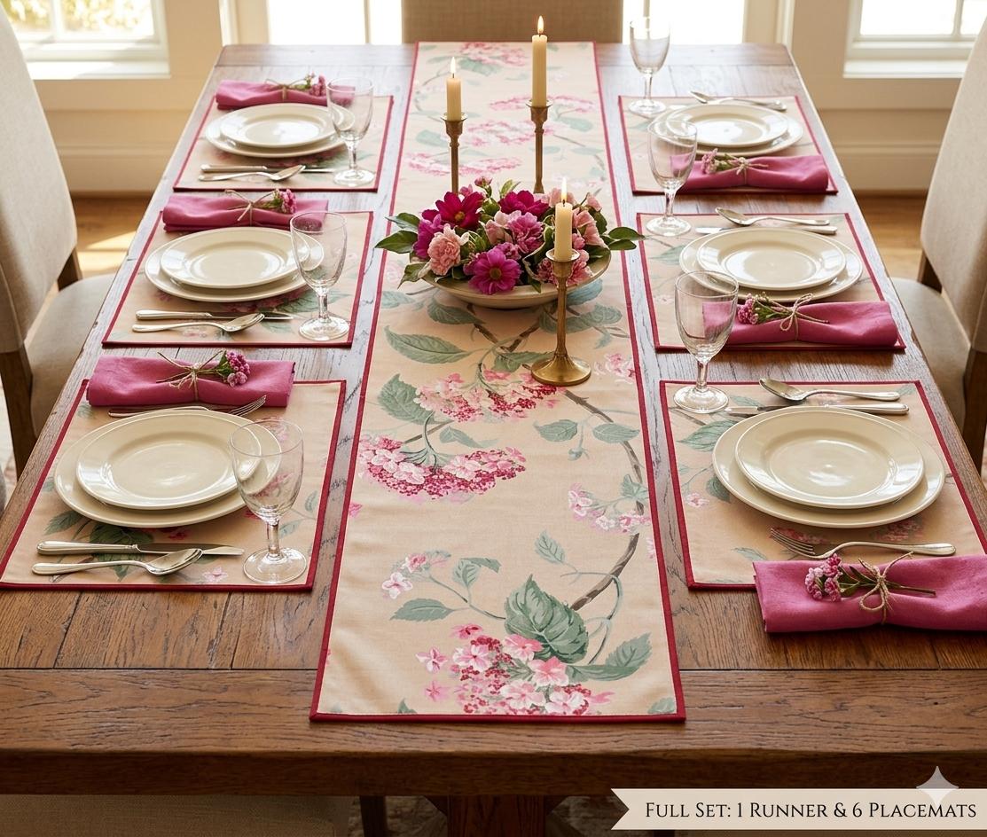 Pure cotton printed table runner and placemats combo for 6 seater dining tables