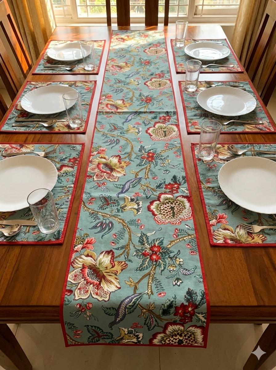 Pure cotton printed table runner and placemats combo for 6 seater dining tables